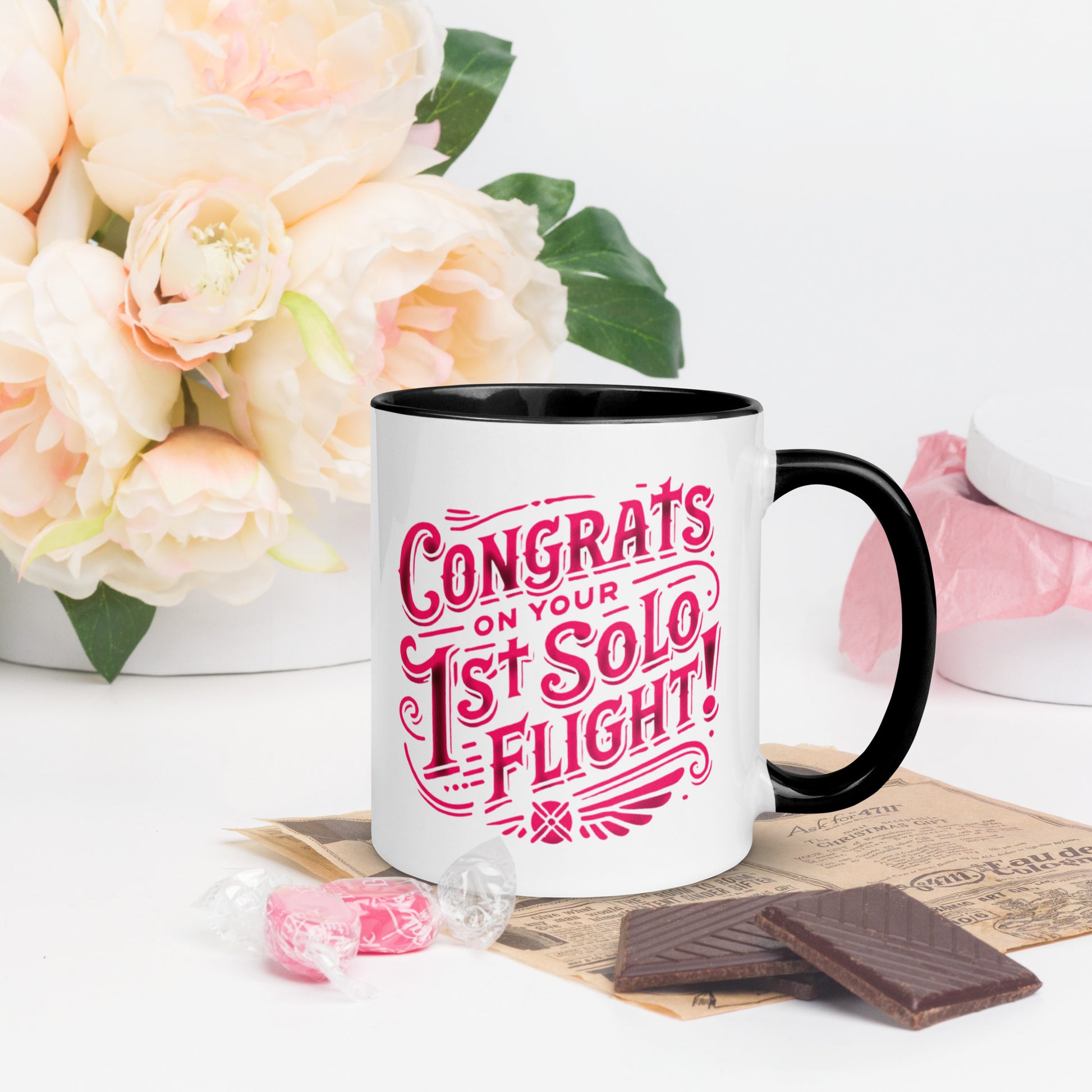 Congrats on your 1st Solo Flight! (pink) mug with color inside