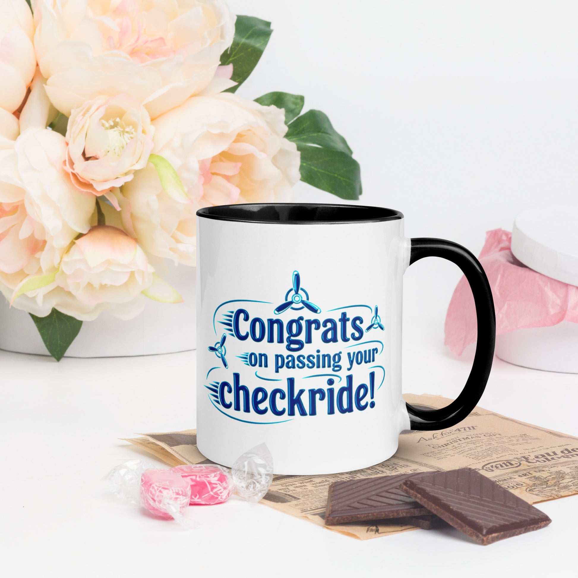 Congrats on passing your checkride! (v3. blue) mug with color inside