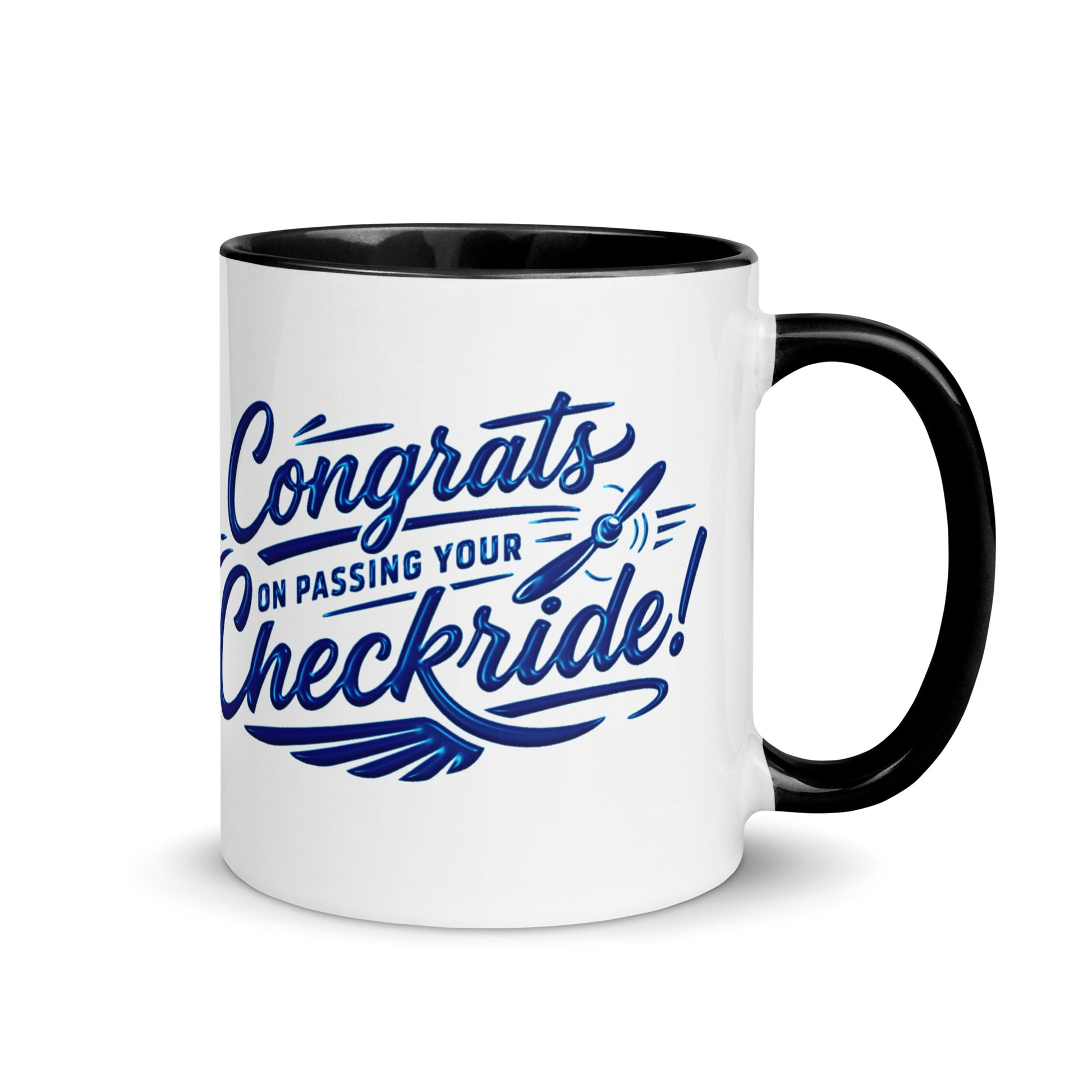 Congrats on passing your checkride! (v4. blue) 11 oz. mug with color inside