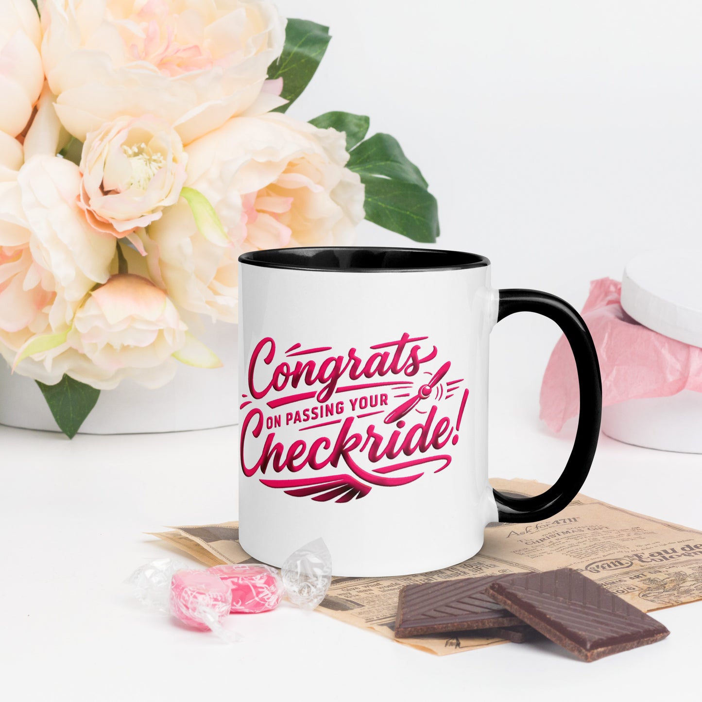 Congrats on passing your checkride! (v4. pink ) 11 oz. mug with color inside