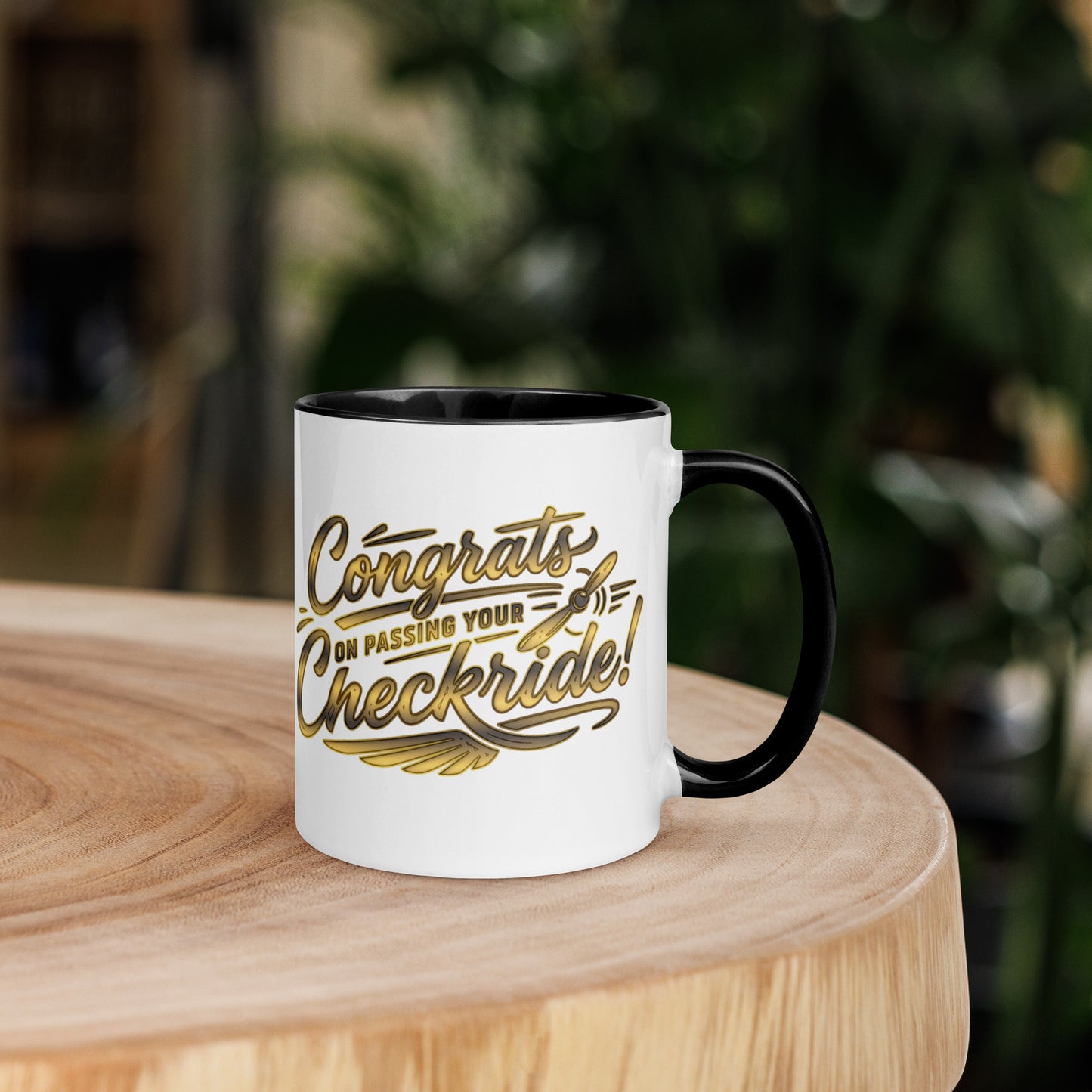 Congrats on passing your checkride! (v4. gold) 11 oz. mug with color inside