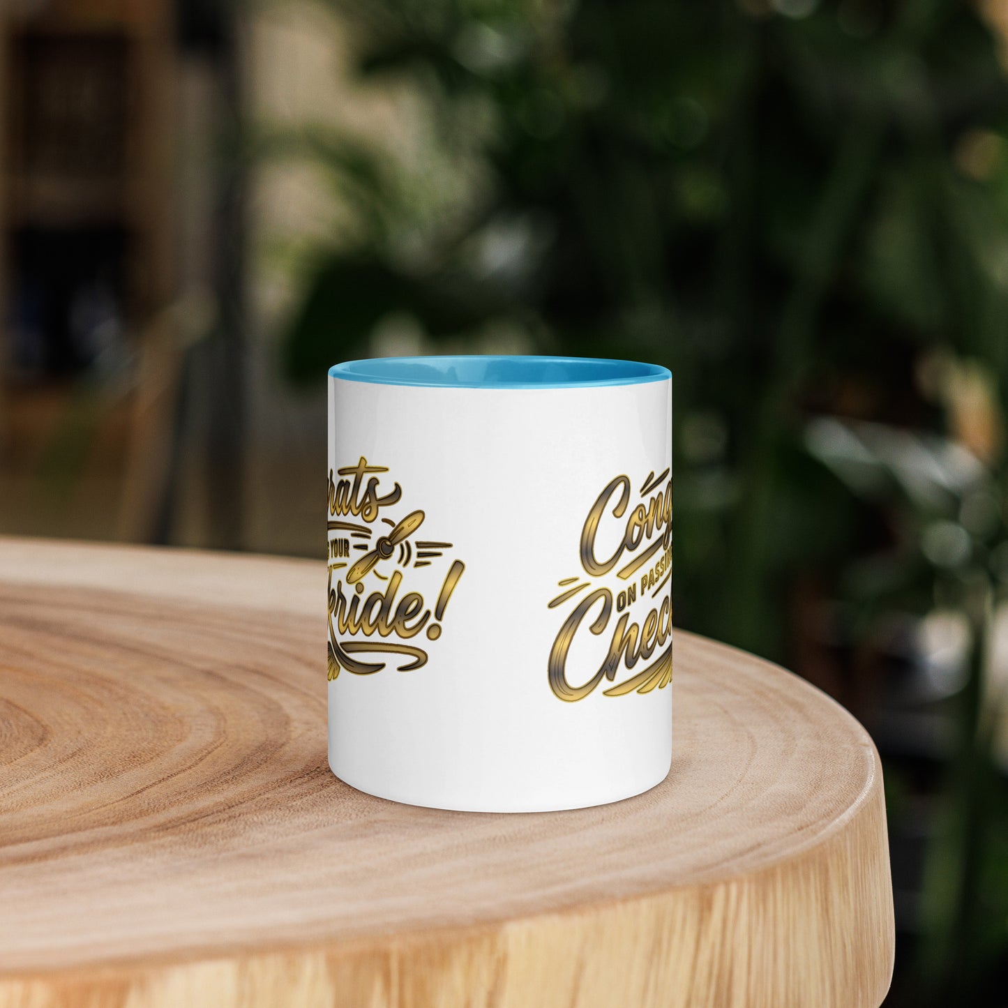 Congrats on passing your checkride! (v4. gold) 11 oz. mug with color inside