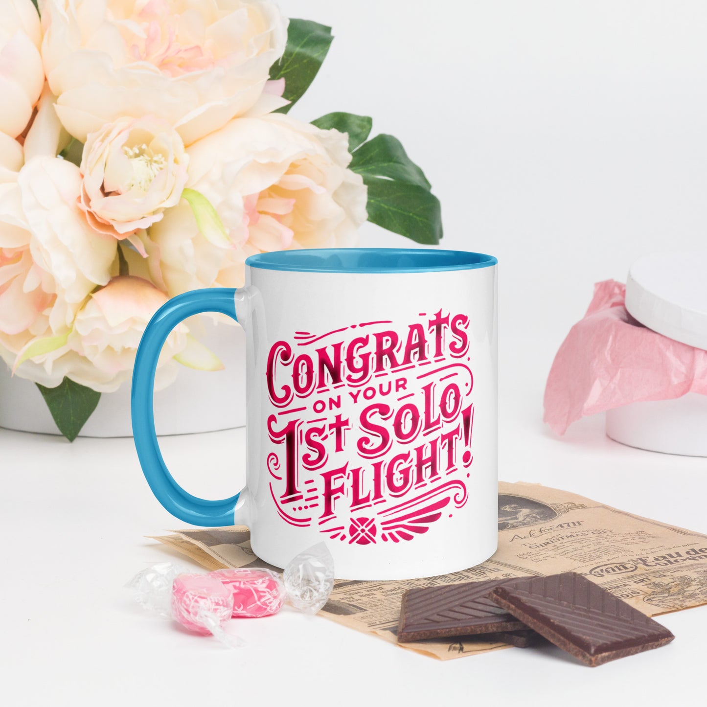 Congrats on your 1st Solo Flight! (pink) mug with color inside