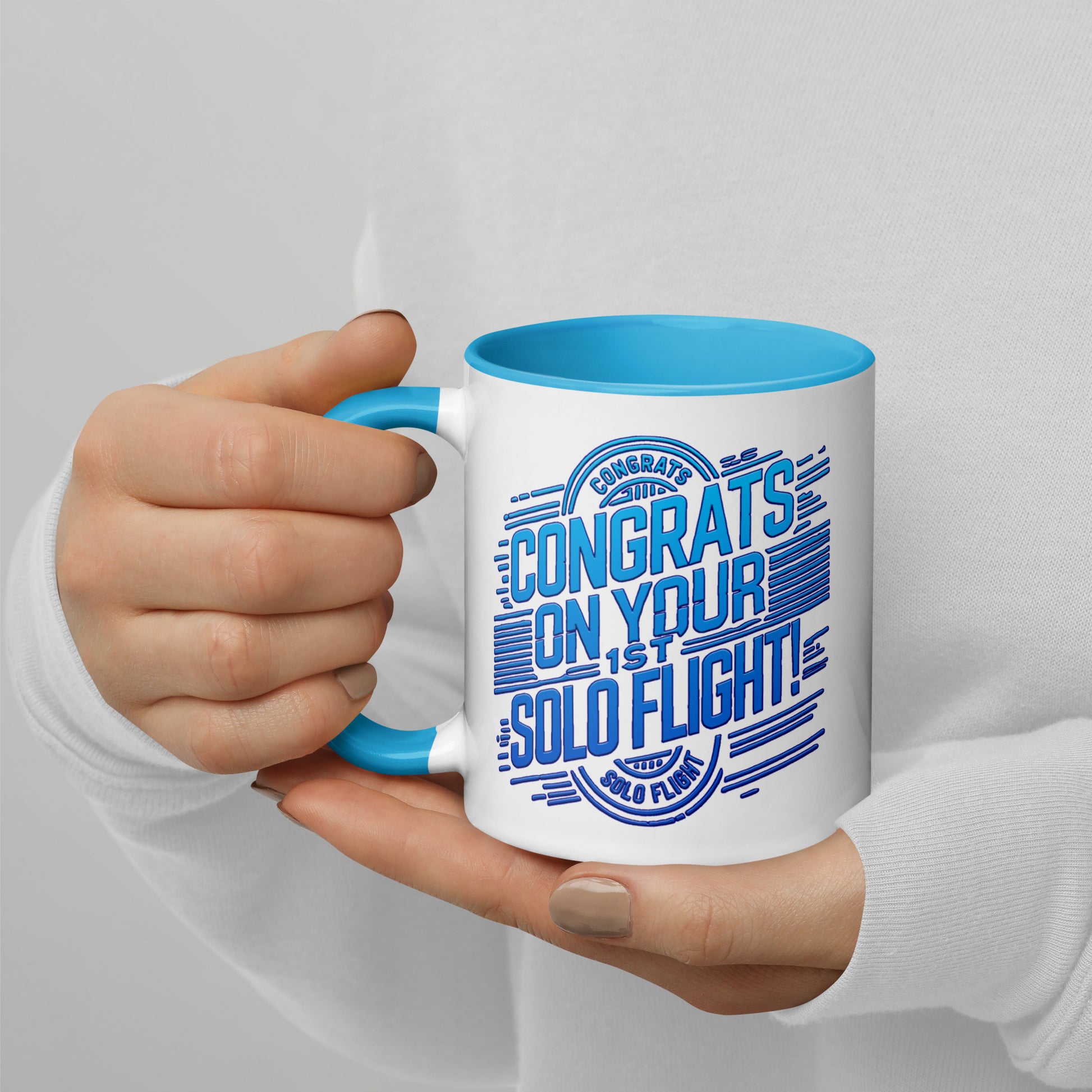 Congrats on your 1st Solo Flight! (v2. blue) mug with color inside