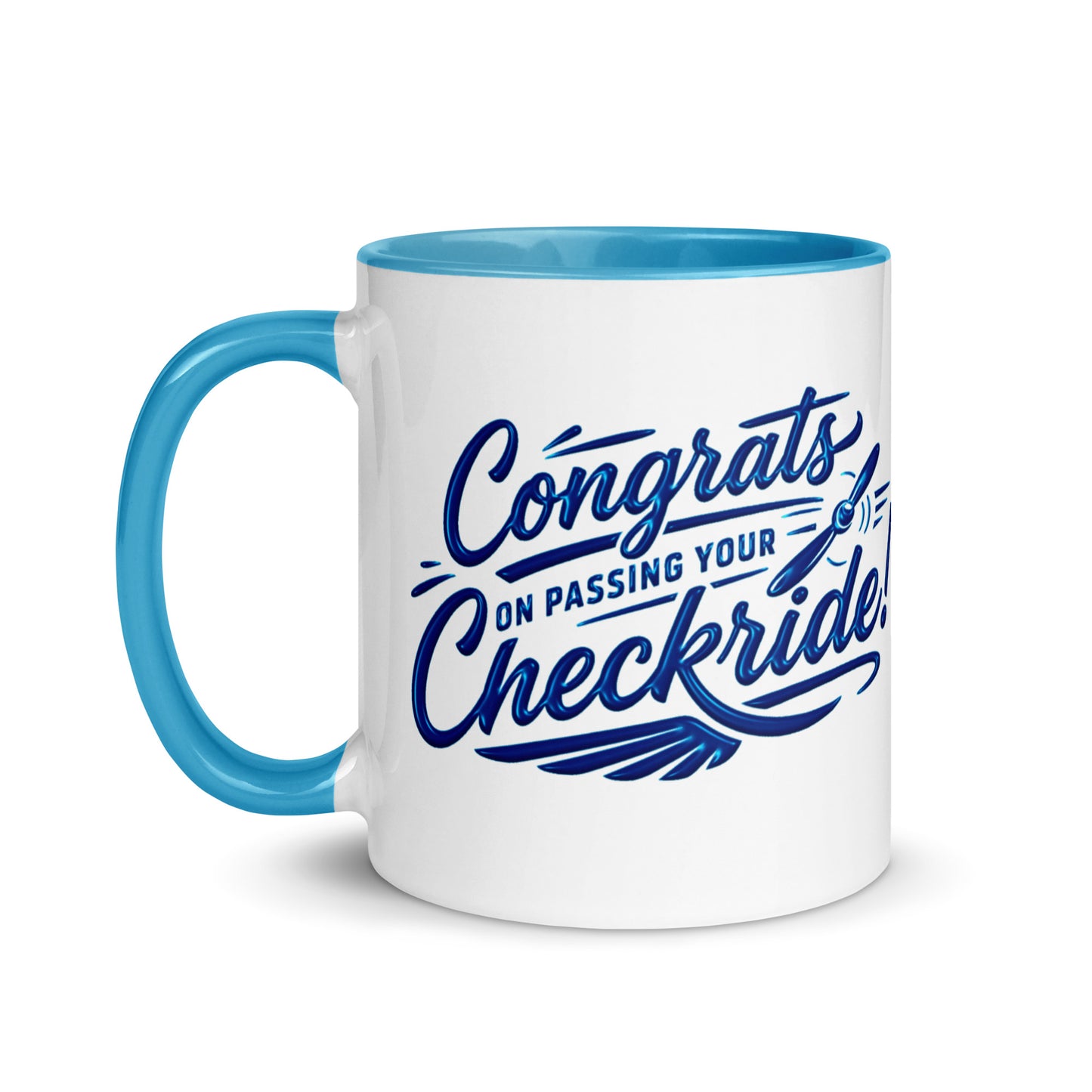 Congrats on passing your checkride! (v4. blue) 11 oz. mug with color inside