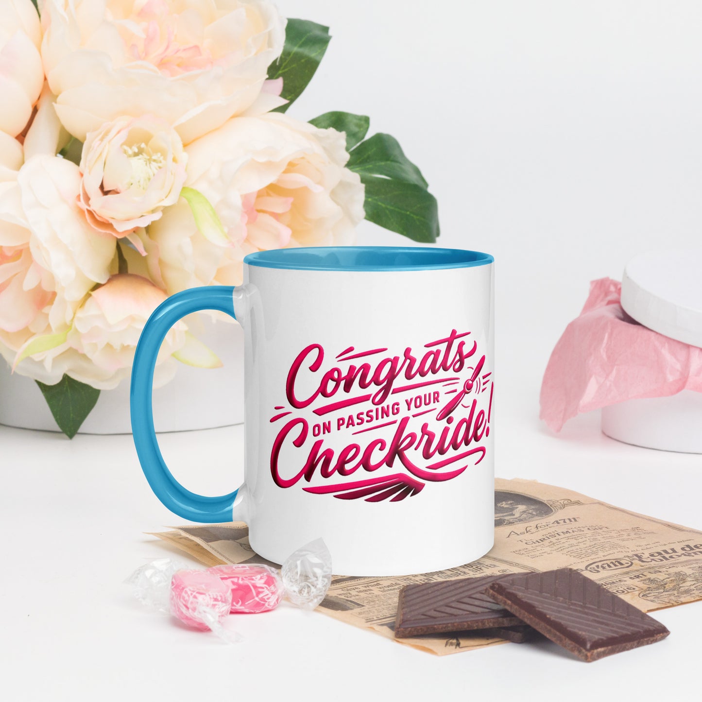 Congrats on passing your checkride! (v4. pink ) 11 oz. mug with color inside