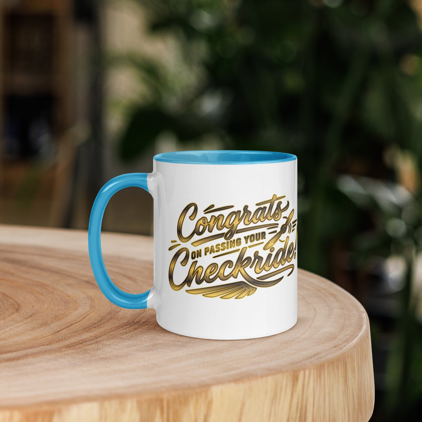 Congrats on passing your checkride! (v4. gold) 11 oz. mug with color inside