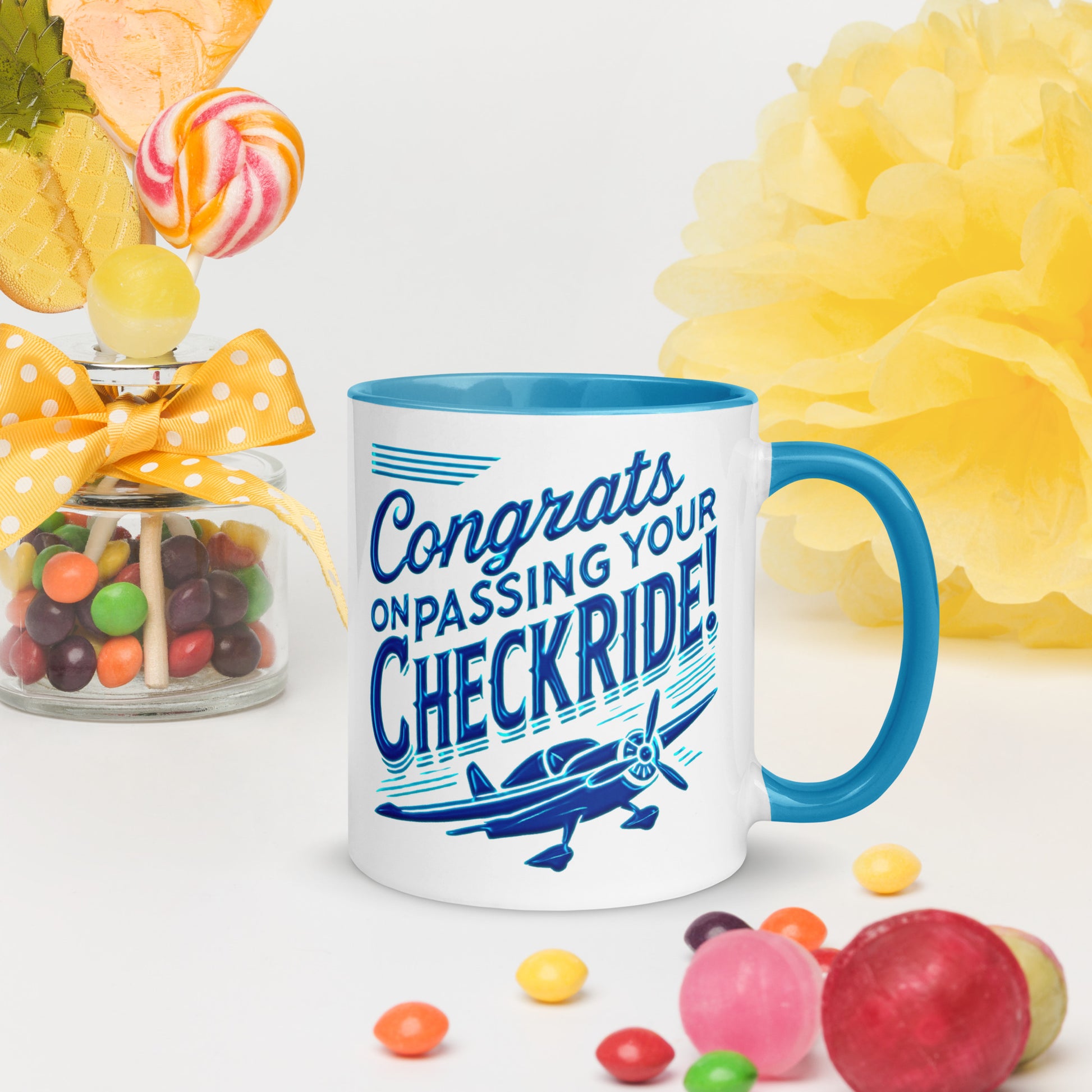Congrats on passing your checkride! (v1. blue) mug with color inside