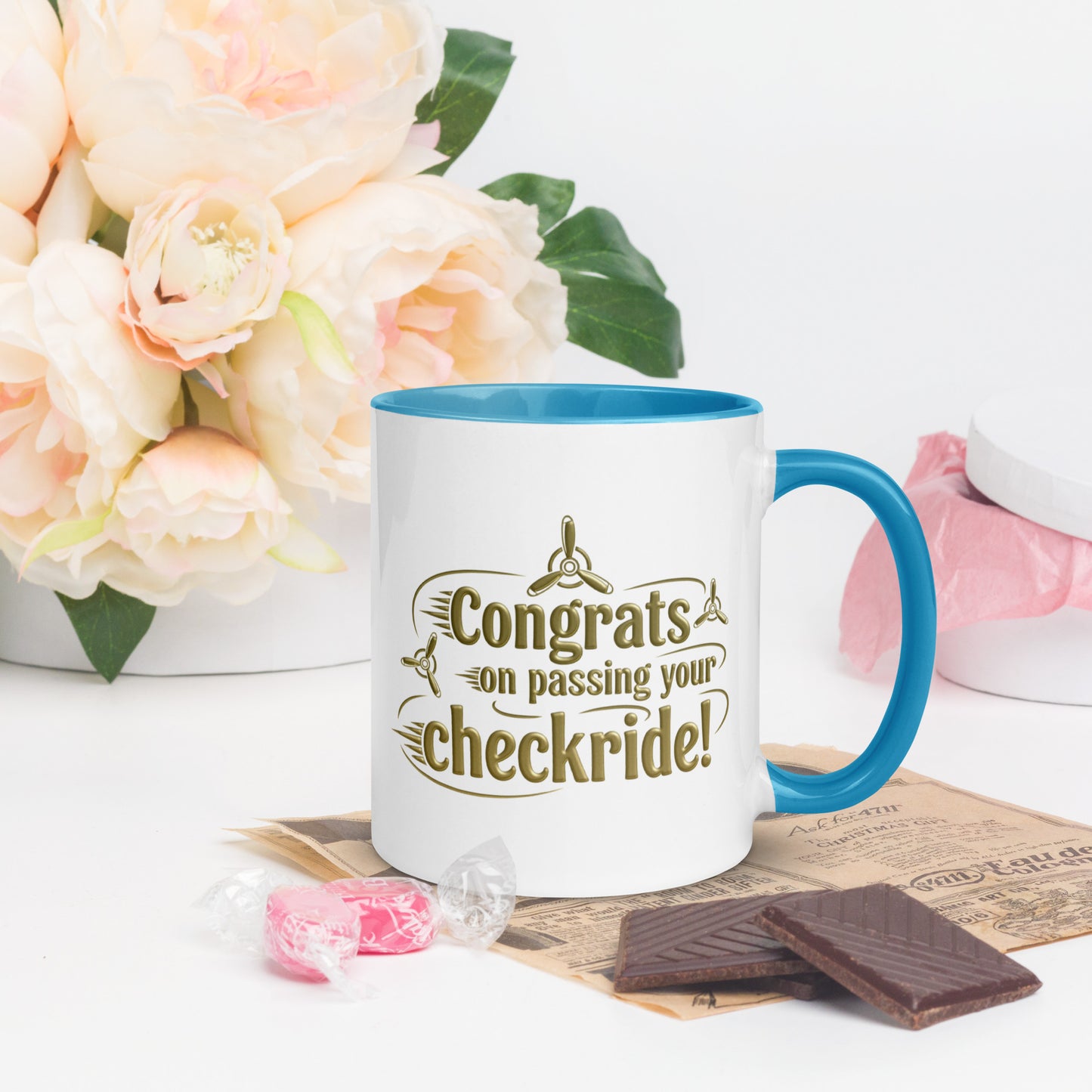 Congrats on passing your checkride! (v3. gold) mug with color inside