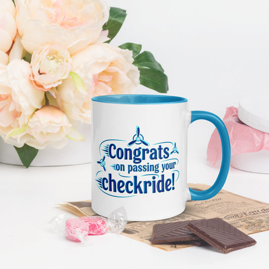Congrats on passing your checkride! (v3. blue) mug with color inside
