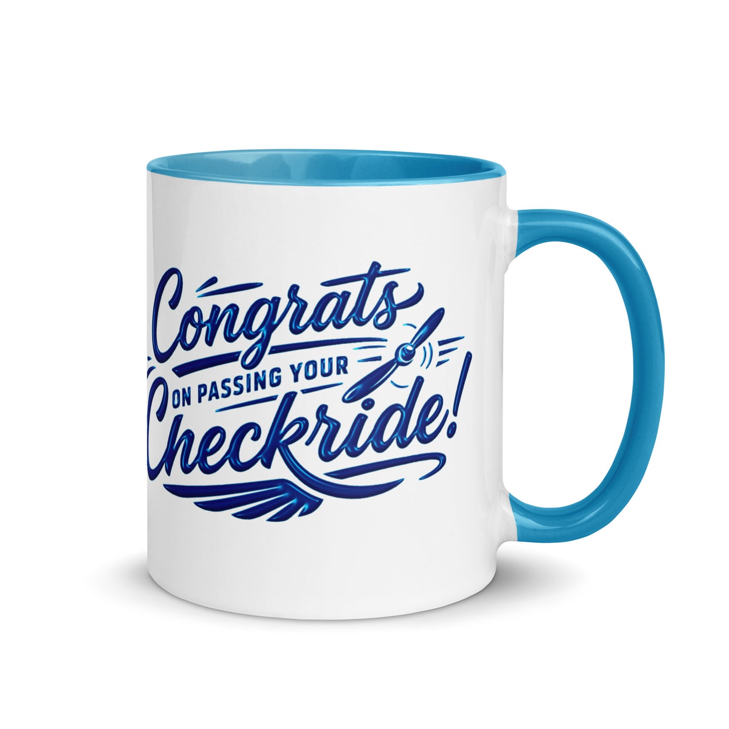Congrats on passing your checkride! (v4. blue) 11 oz. mug with color inside
