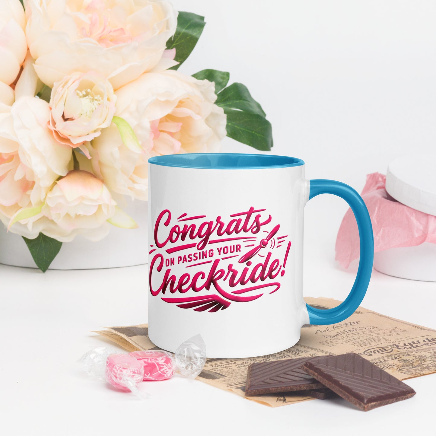 Congrats on passing your checkride! (v4. pink ) 11 oz. mug with color inside