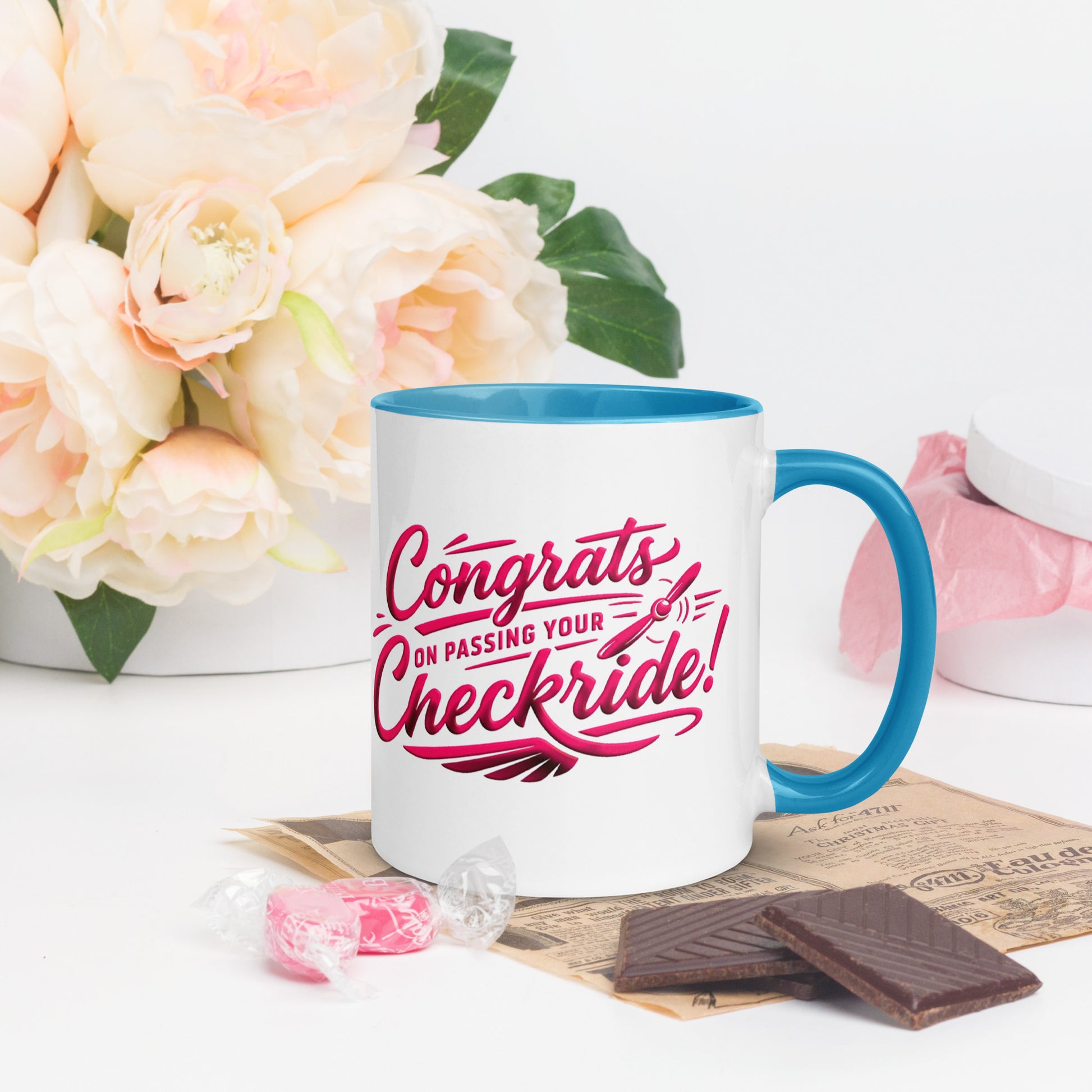 Congrats on passing your checkride! (v4. pink ) 11 oz. mug with color inside