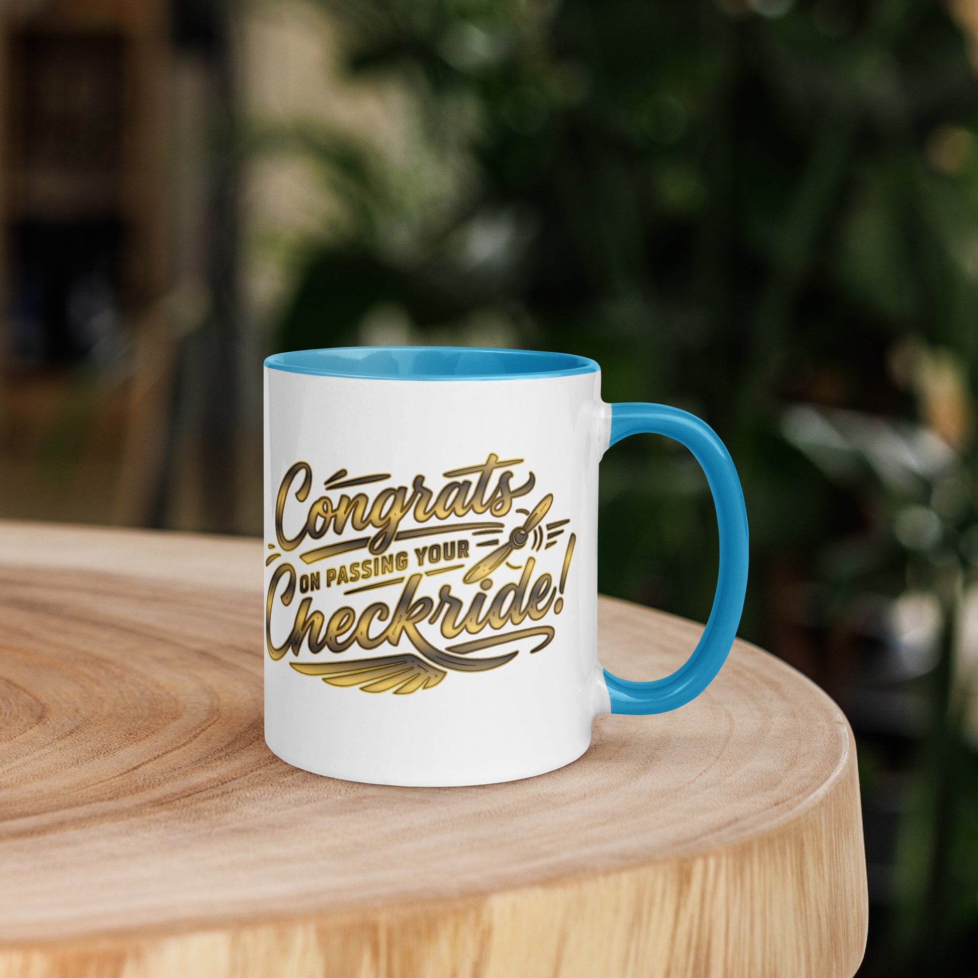 Congrats on passing your checkride! (v4. gold) 11 oz. mug with color inside