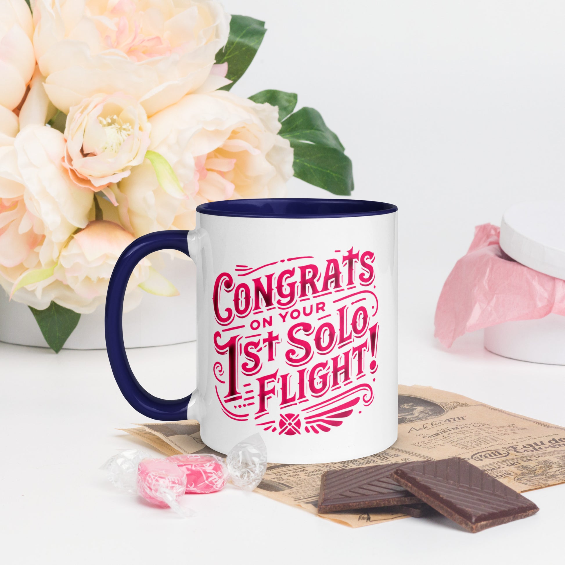 Congrats on your 1st Solo Flight! (pink) mug with color inside