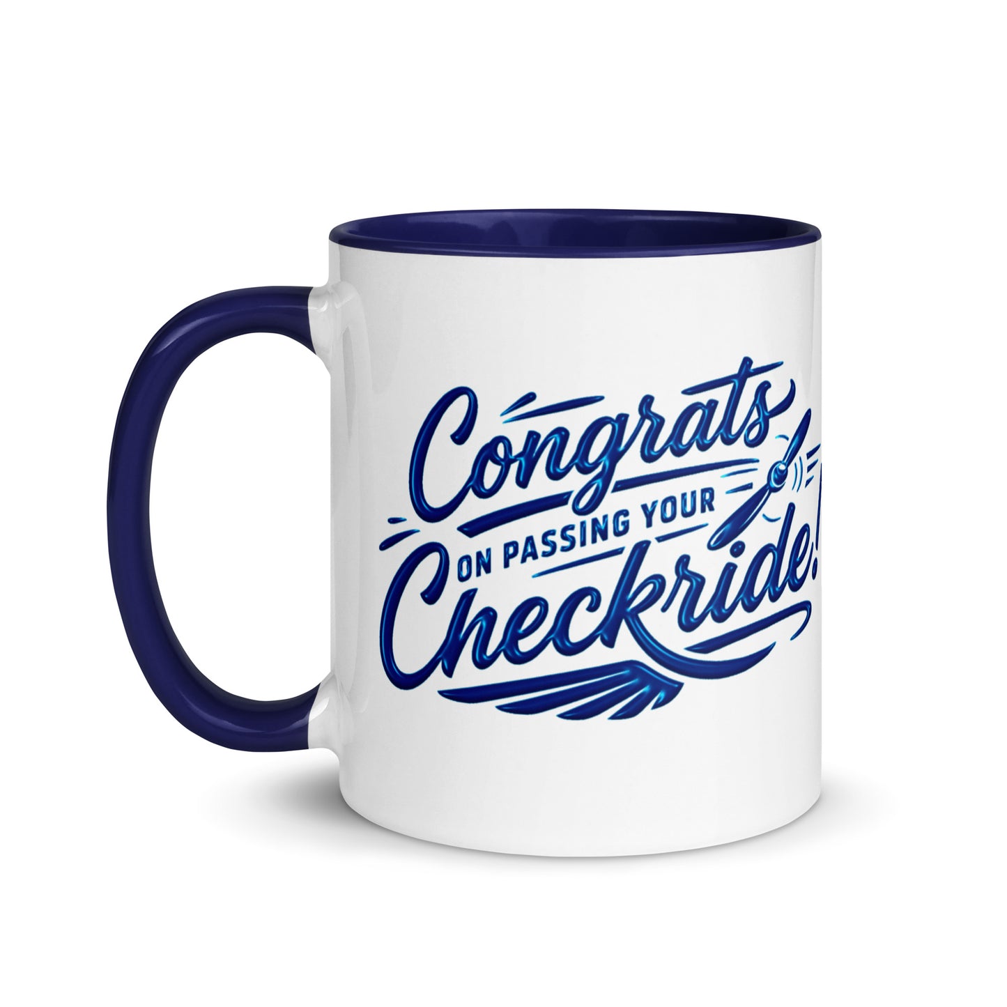 Congrats on passing your checkride! (v4. blue) 11 oz. mug with color inside