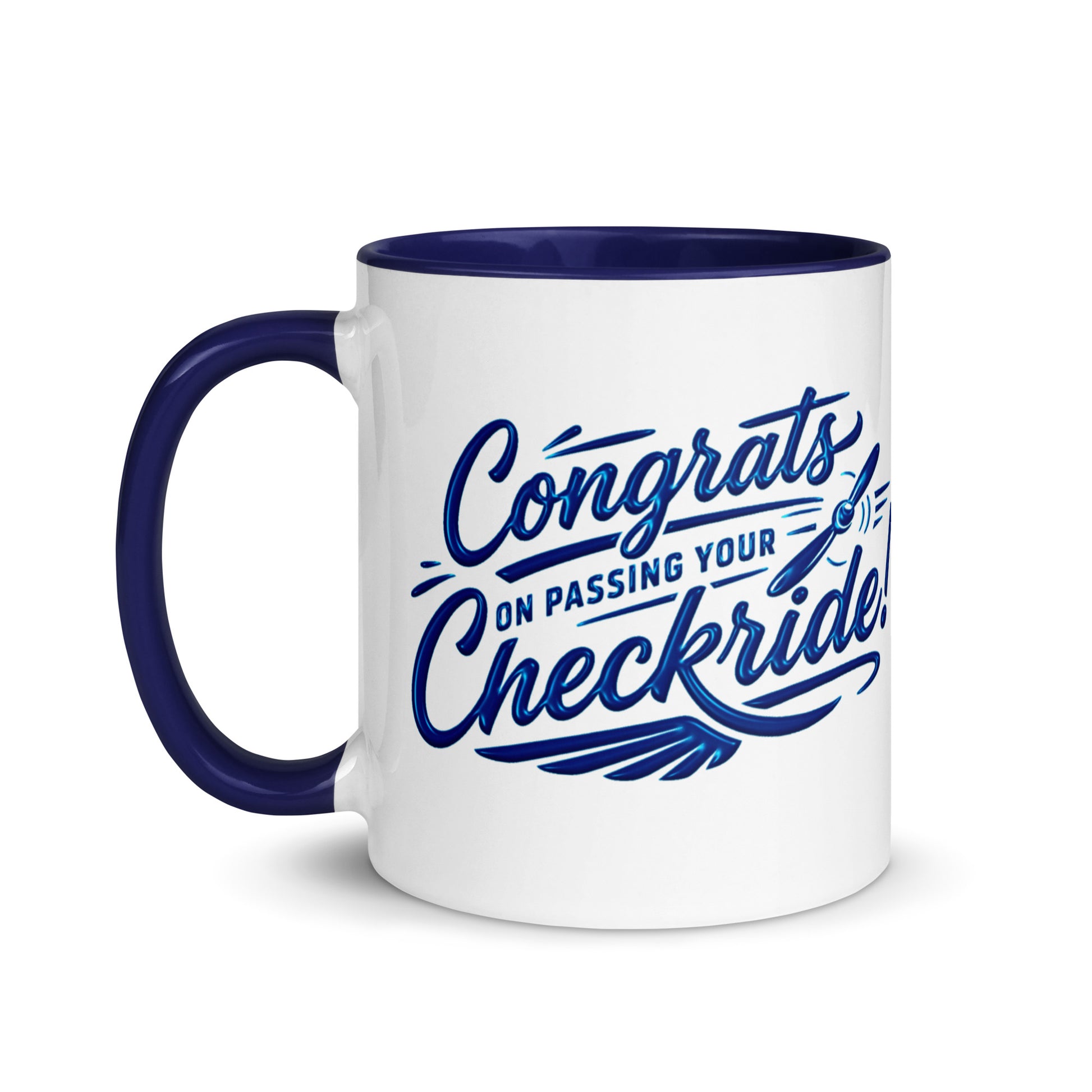 Congrats on passing your checkride! (v4. blue) 11 oz. mug with color inside