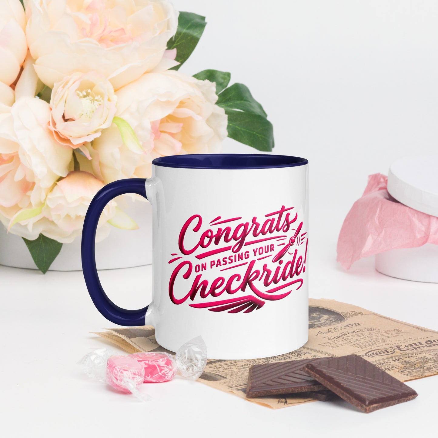 Congrats on passing your checkride! (v4. pink ) 11 oz. mug with color inside