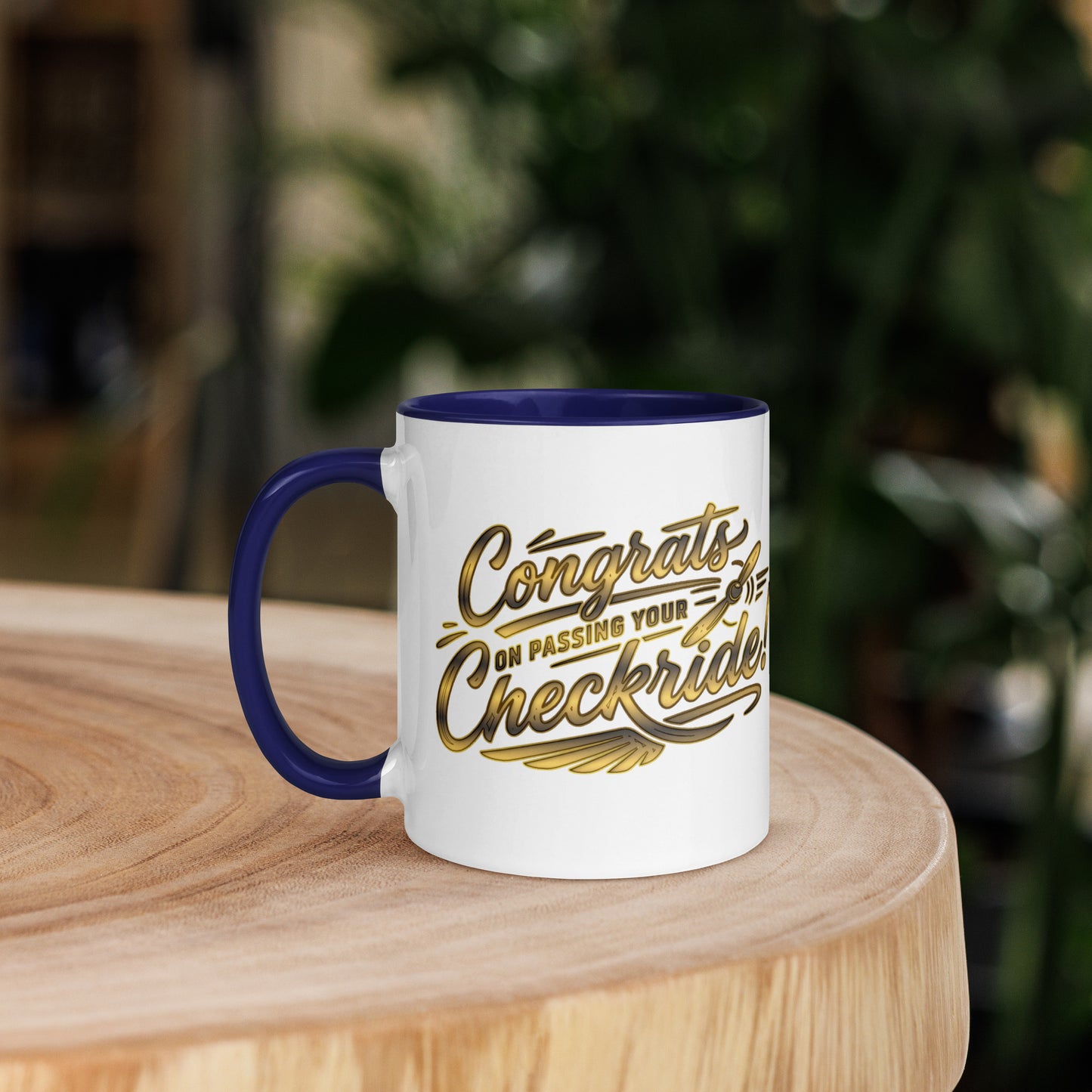 Congrats on passing your checkride! (v4. gold) 11 oz. mug with color inside