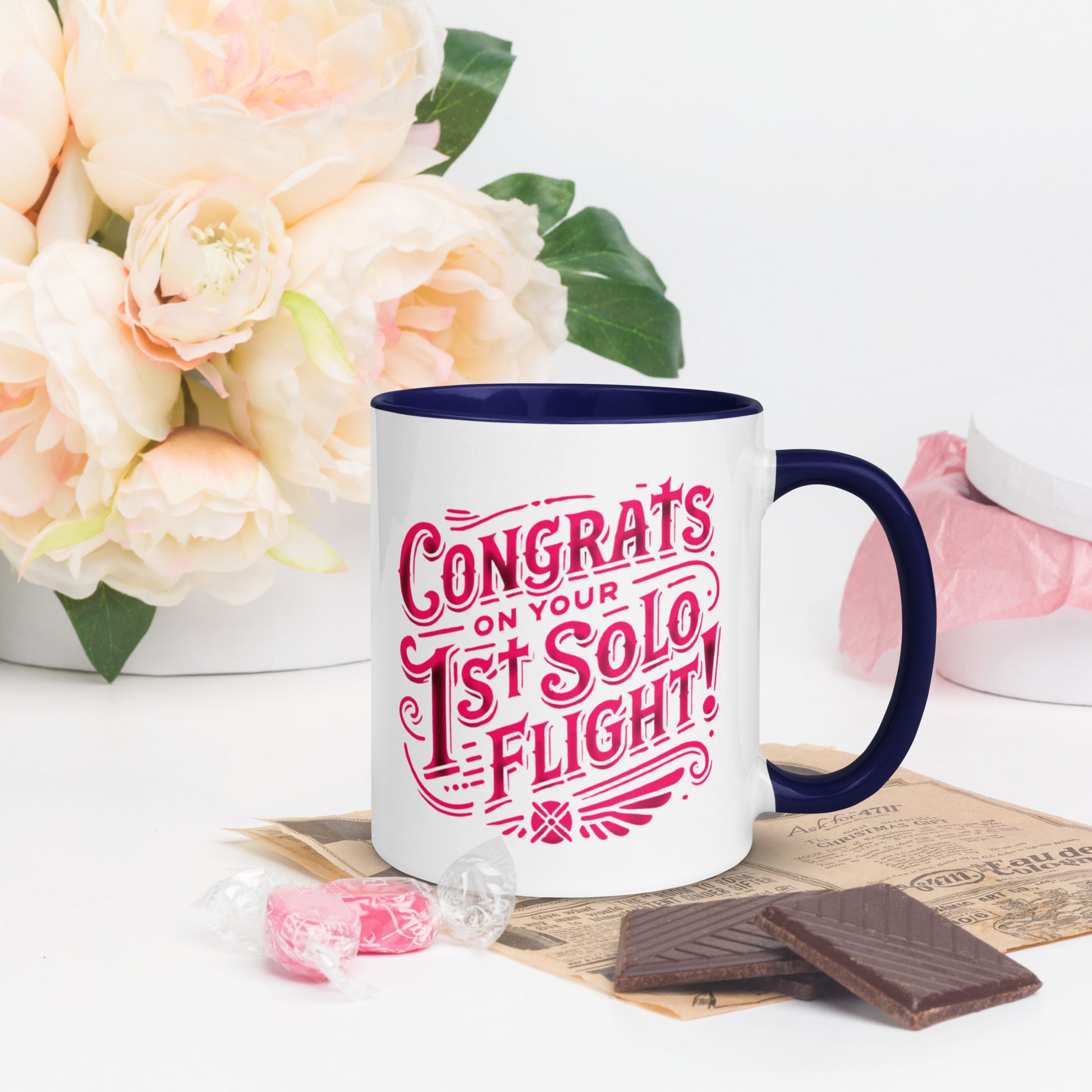 Congrats on your 1st Solo Flight! (pink) mug with color inside