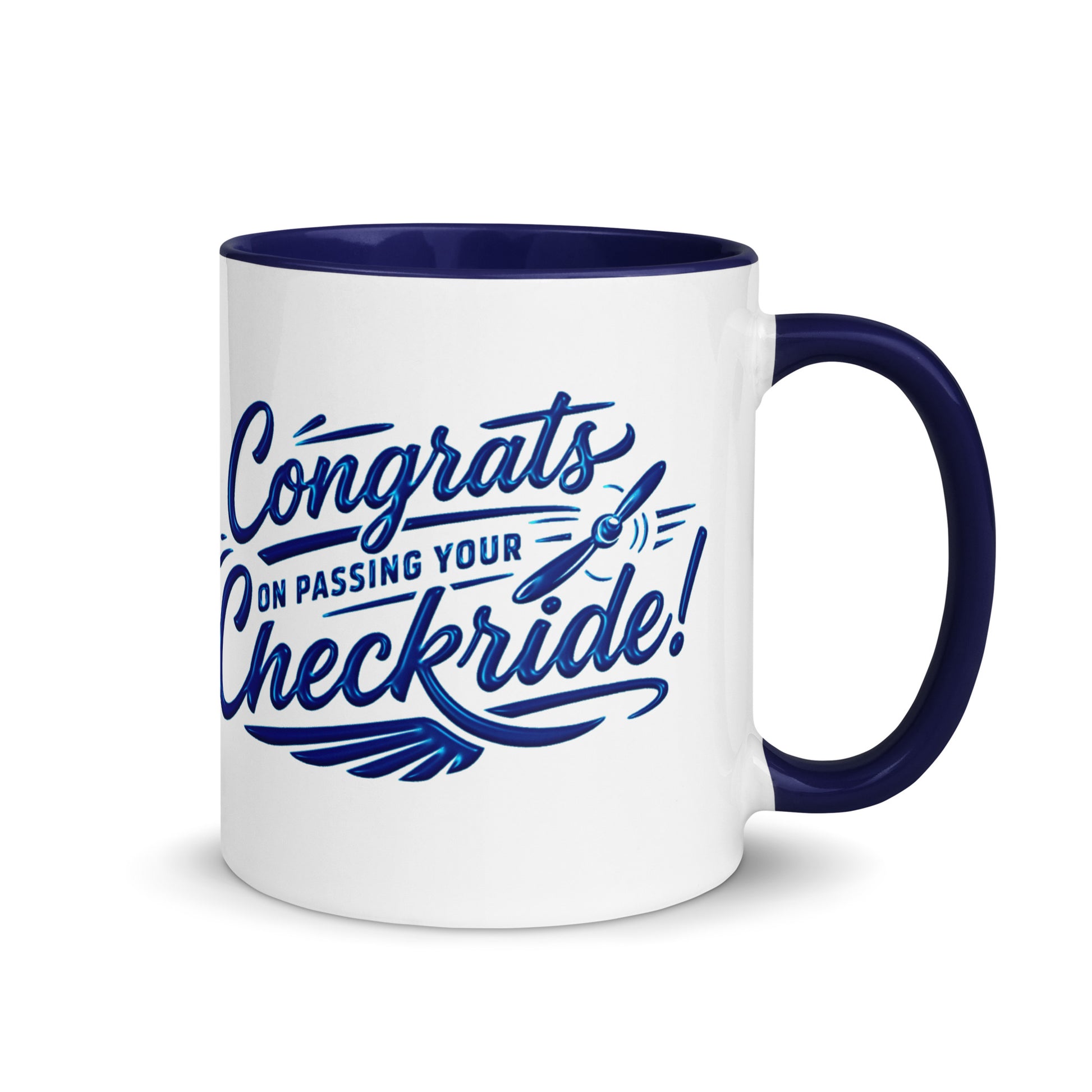Congrats on passing your checkride! (v4. blue) 11 oz. mug with color inside