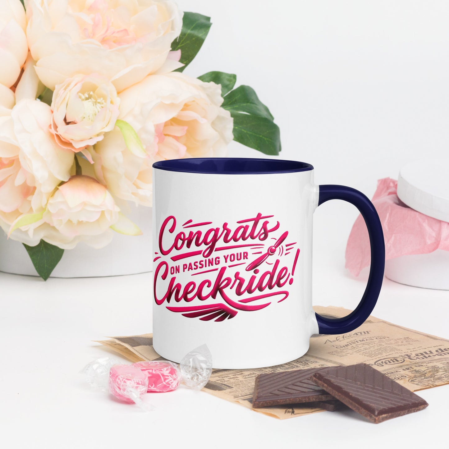 Congrats on passing your checkride! (v4. pink ) 11 oz. mug with color inside
