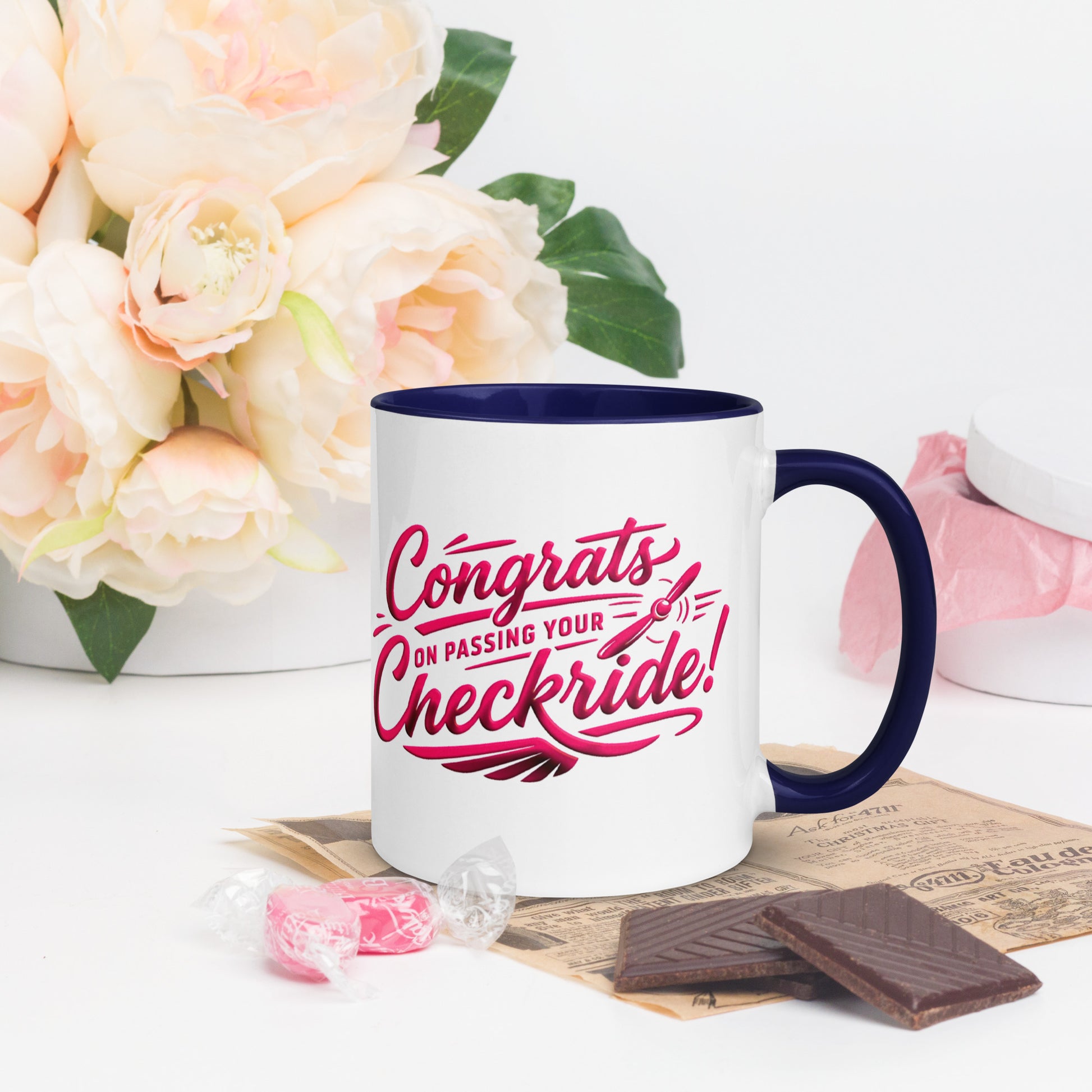 Congrats on passing your checkride! (v4. pink ) 11 oz. mug with color inside