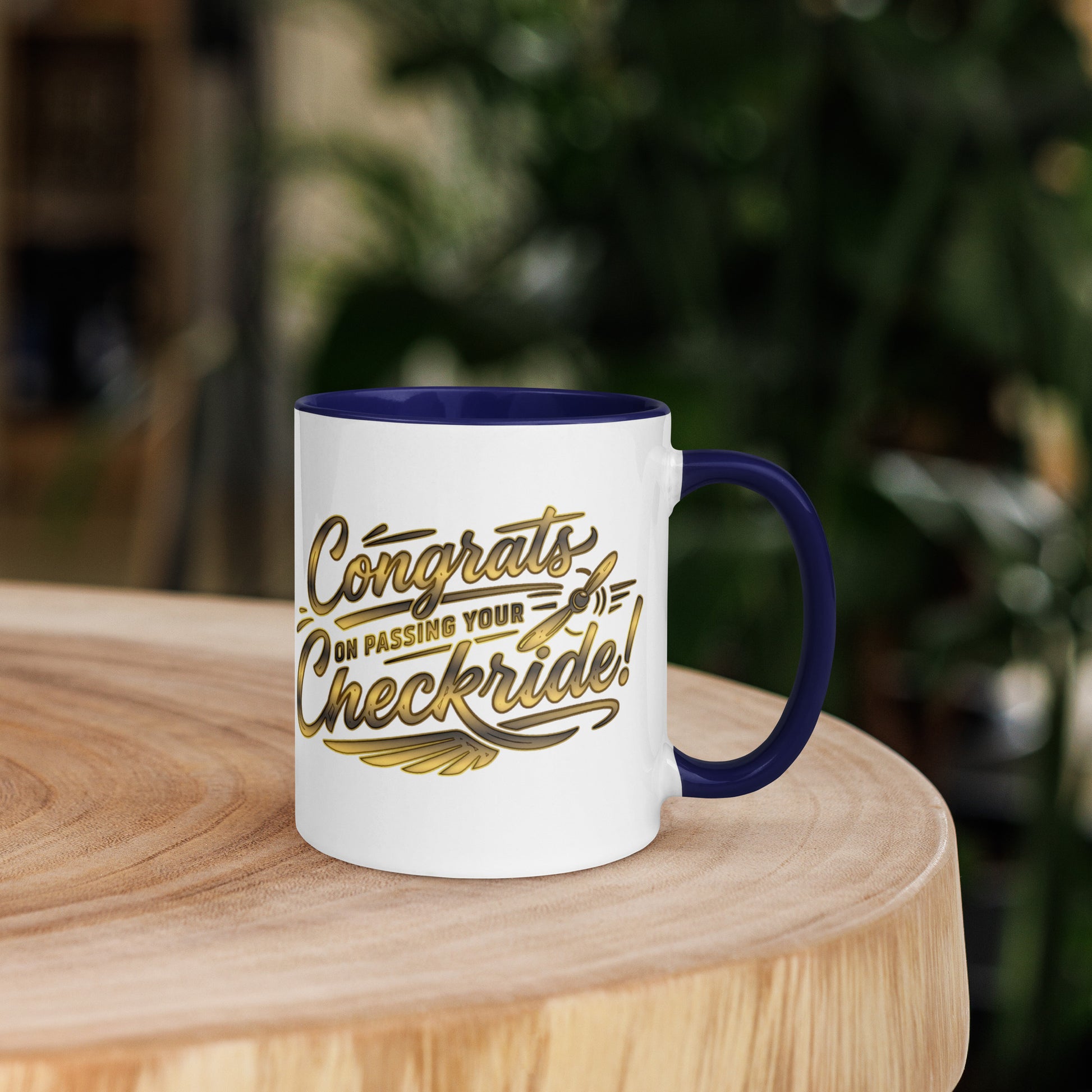 Congrats on passing your checkride! (v4. gold) 11 oz. mug with color inside
