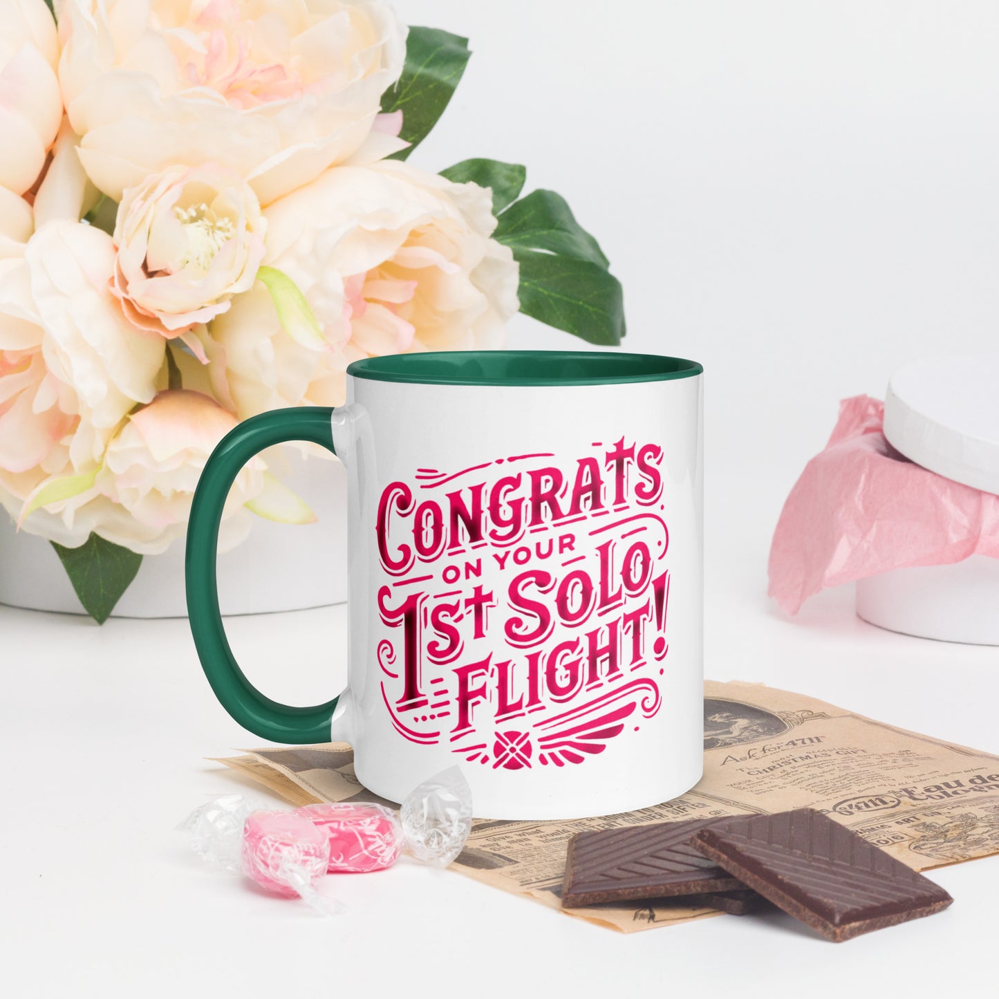 Congrats on your 1st Solo Flight! (pink) mug with color inside