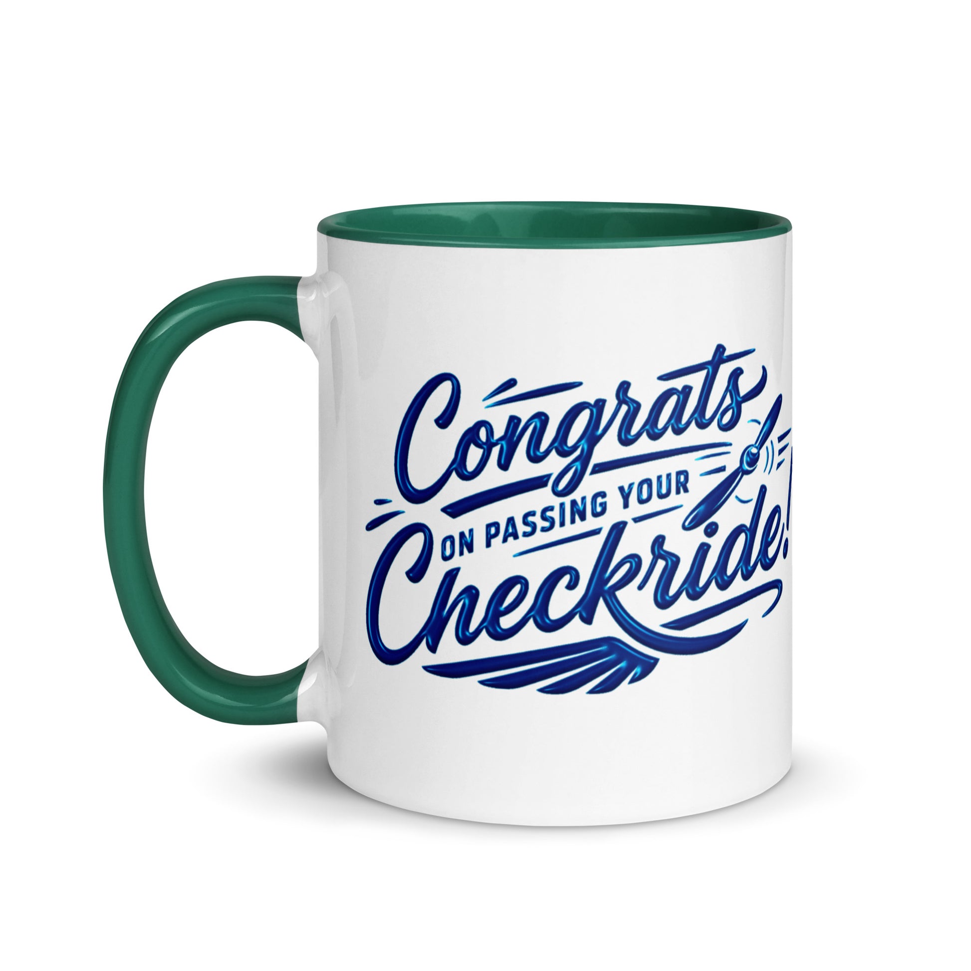Congrats on passing your checkride! (v4. blue) 11 oz. mug with color inside