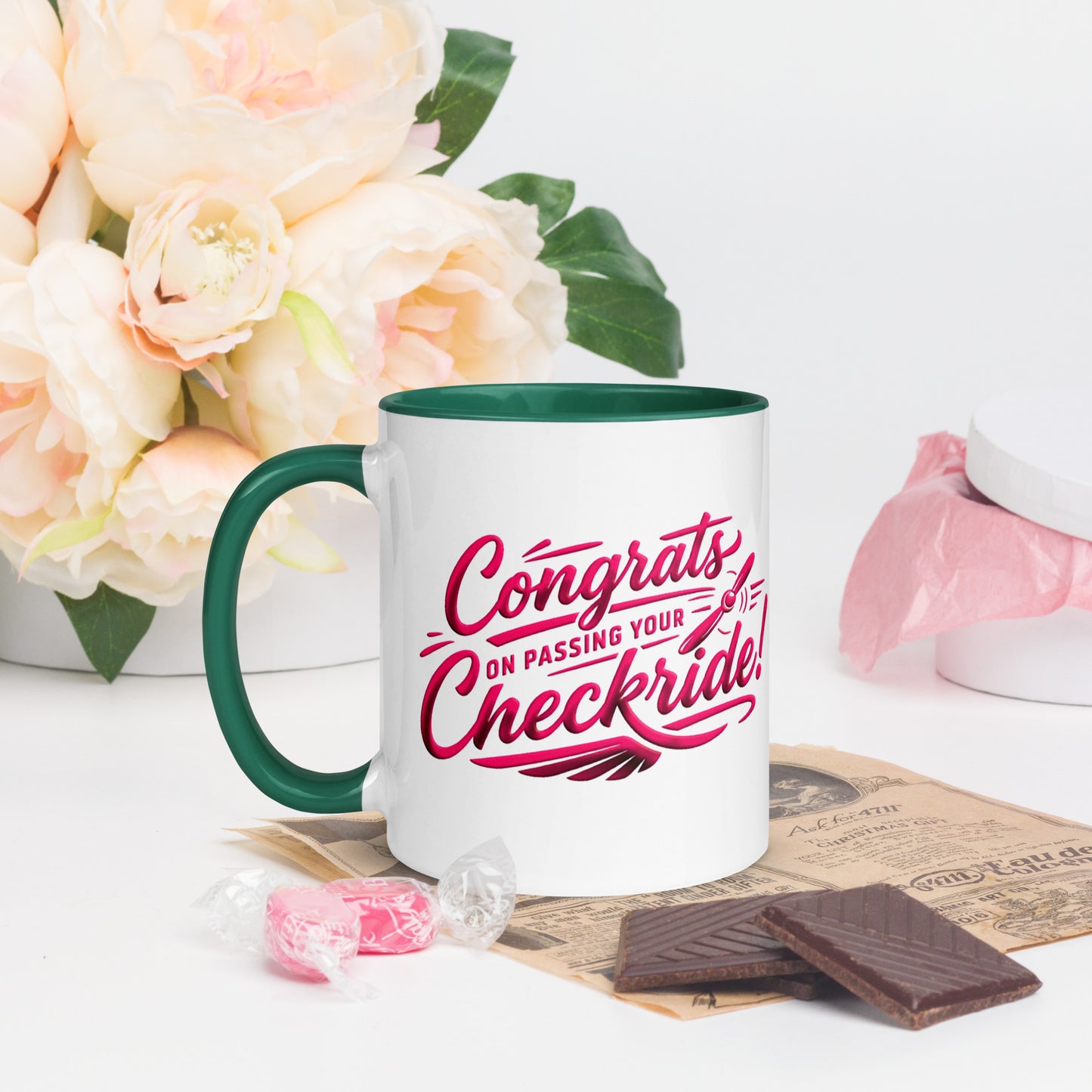 Congrats on passing your checkride! (v4. pink ) 11 oz. mug with color inside