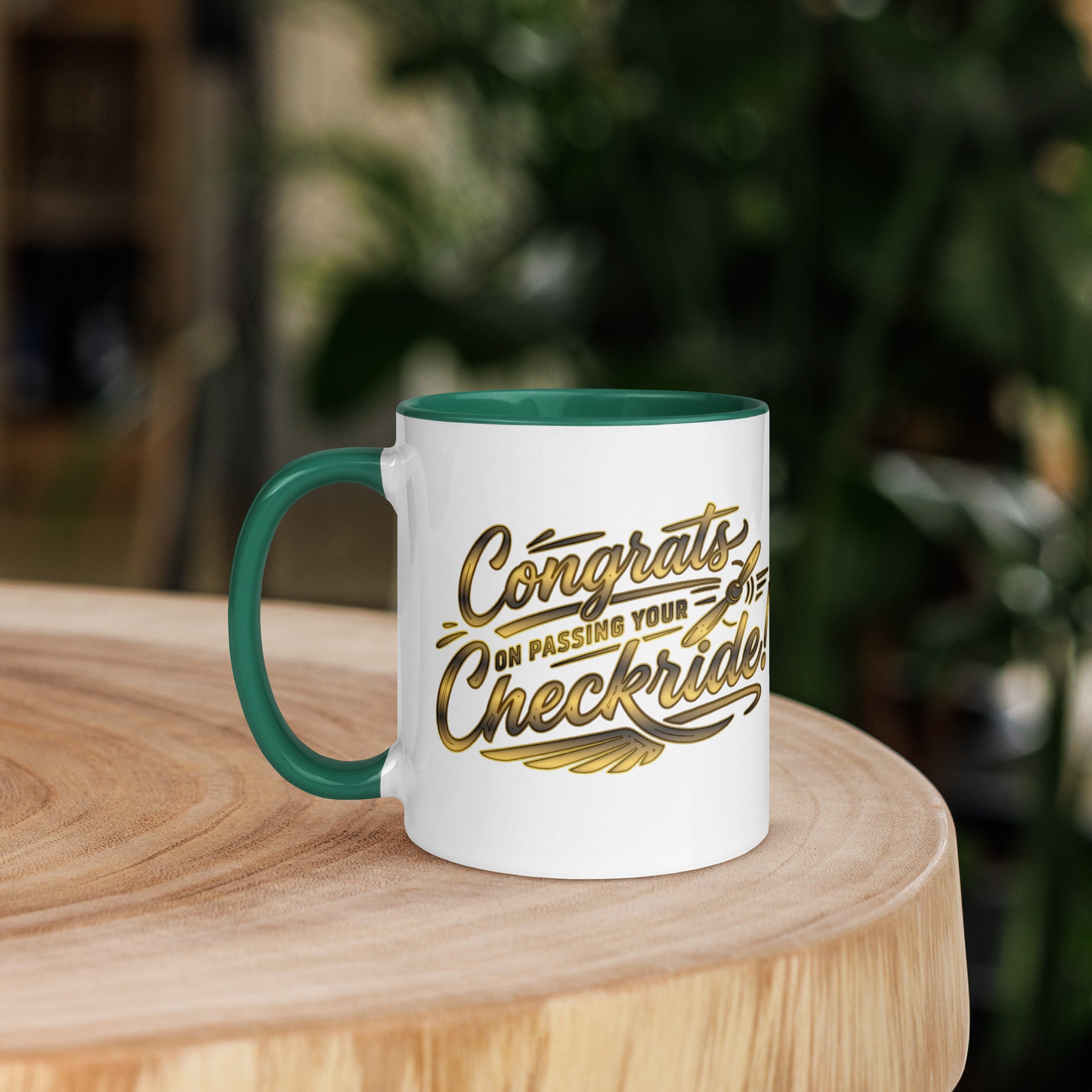 Congrats on passing your checkride! (v4. gold) 11 oz. mug with color inside