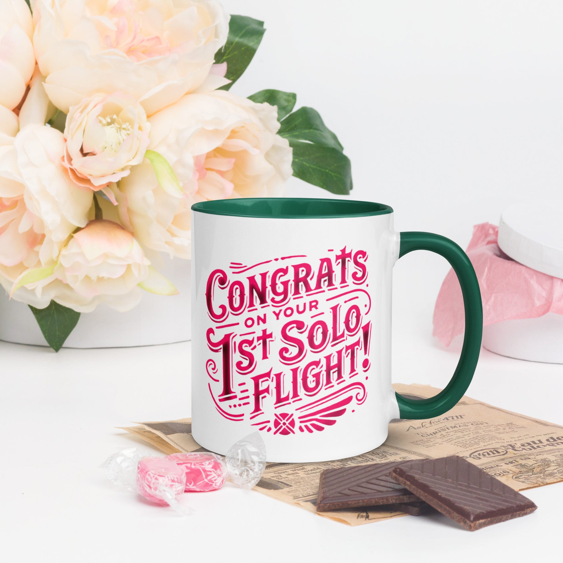 Congrats on your 1st Solo Flight! (pink) mug with color inside