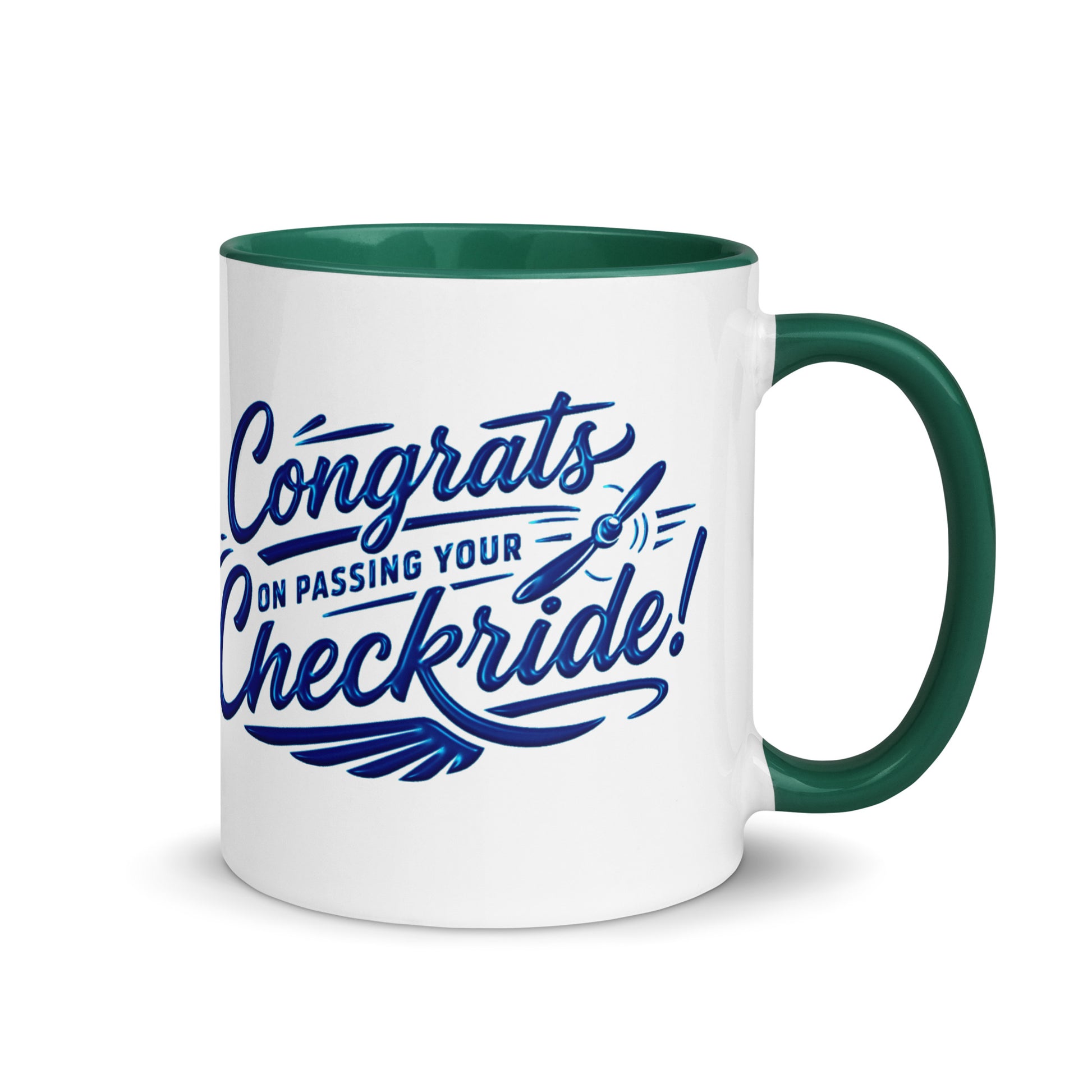 Congrats on passing your checkride! (v4. blue) 11 oz. mug with color inside