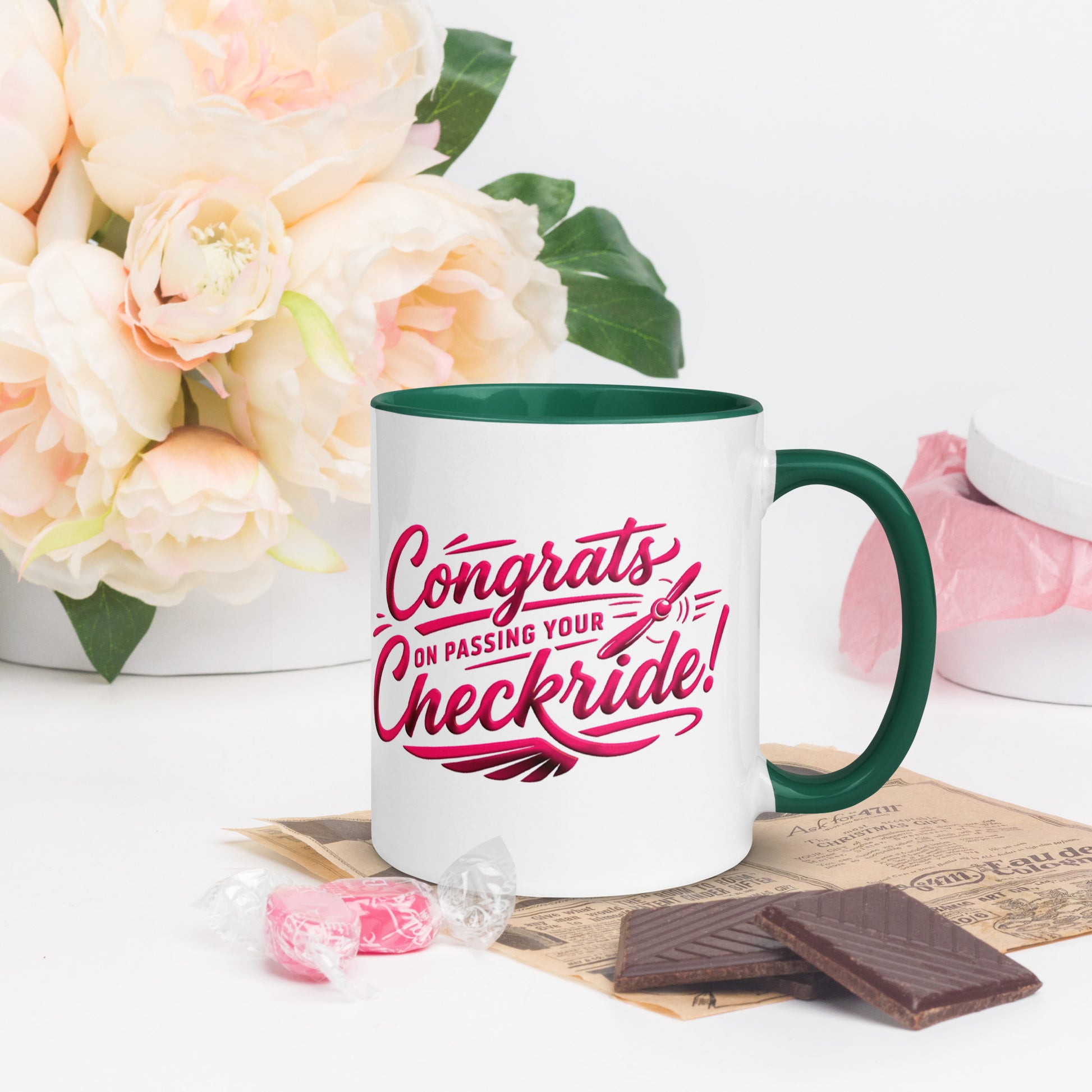Congrats on passing your checkride! (v4. pink ) 11 oz. mug with color inside