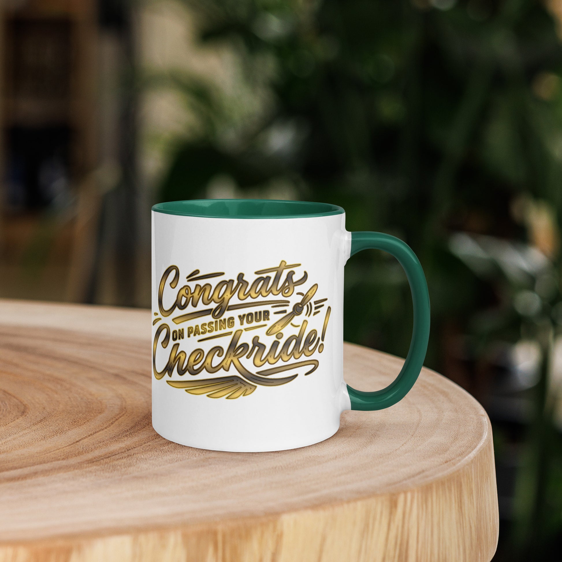 Congrats on passing your checkride! (v4. gold) 11 oz. mug with color inside