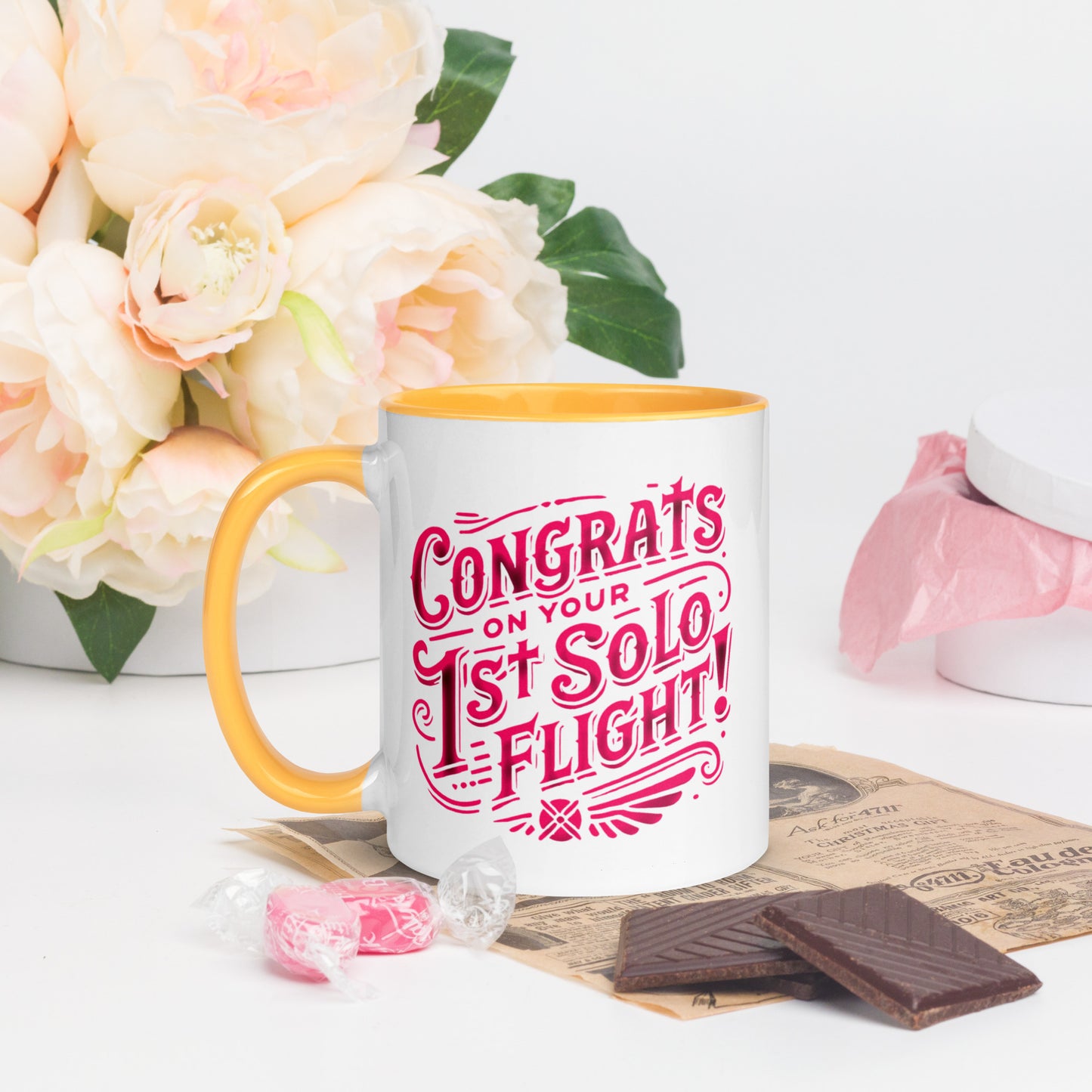 Congrats on your 1st Solo Flight! (pink) mug with color inside