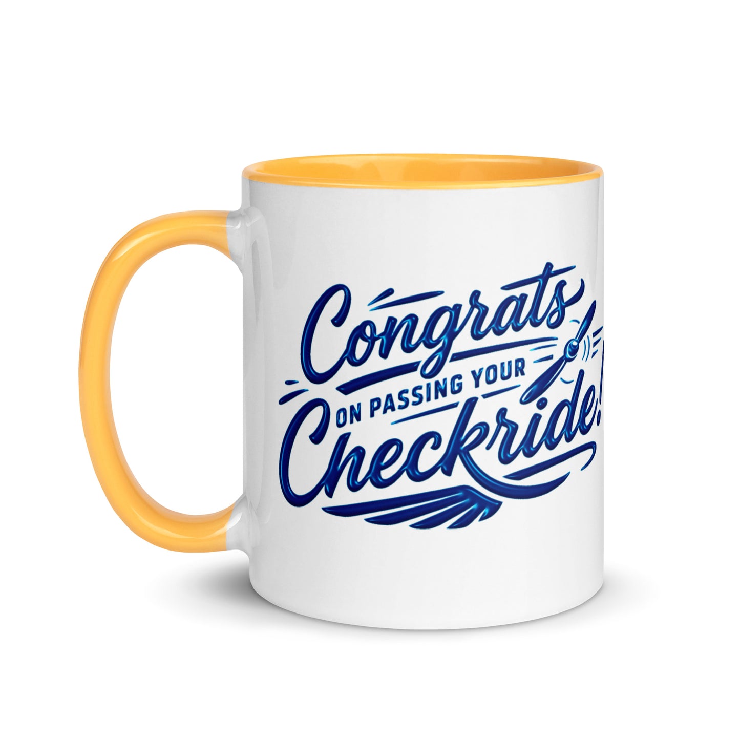 Congrats on passing your checkride! (v4. blue) 11 oz. mug with color inside