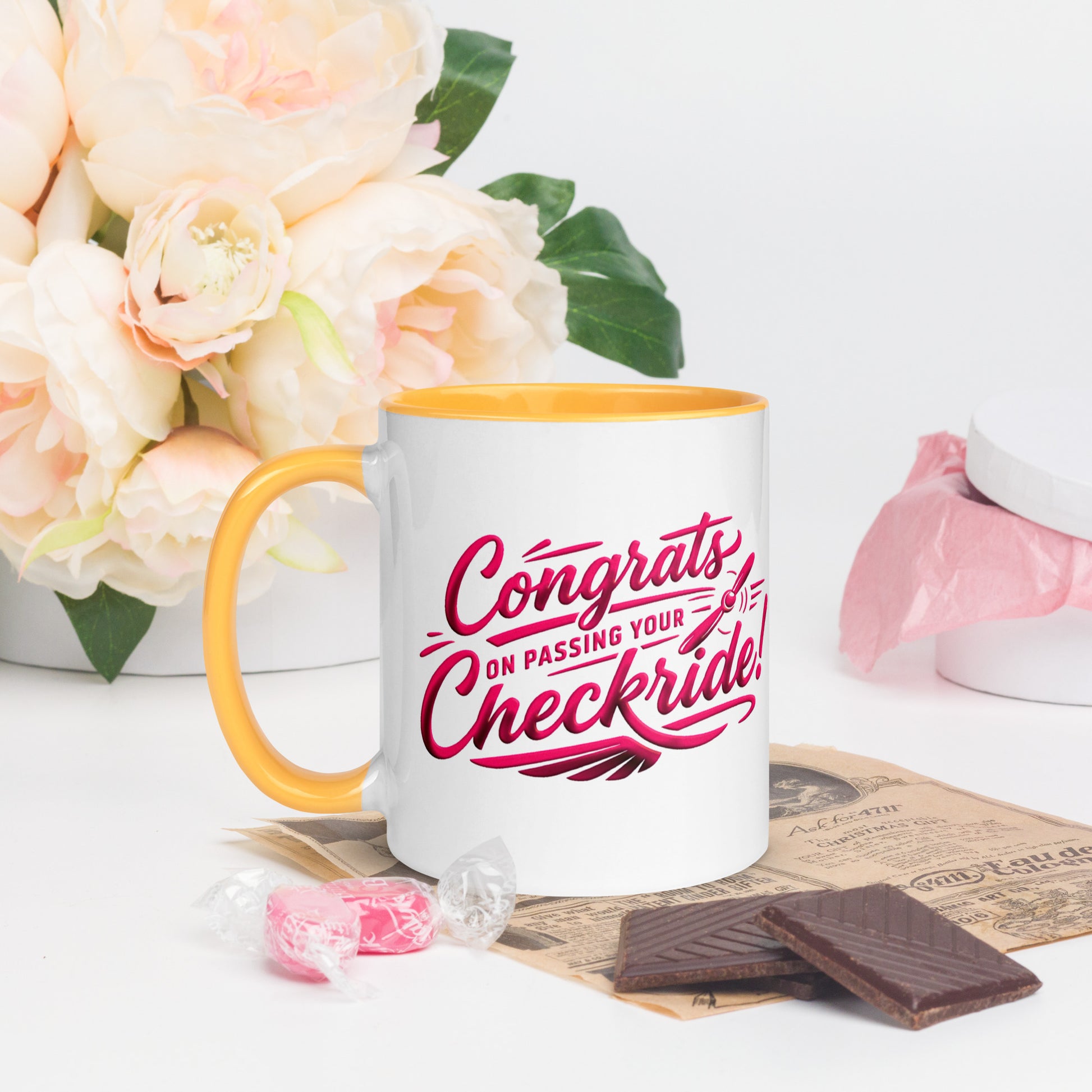 Congrats on passing your checkride! (v4. pink ) 11 oz. mug with color inside