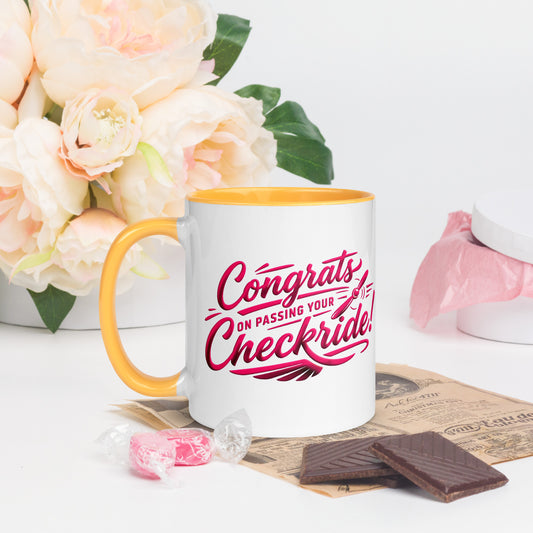 Congrats on passing your checkride! (v4. pink ) 11 oz. mug with color inside