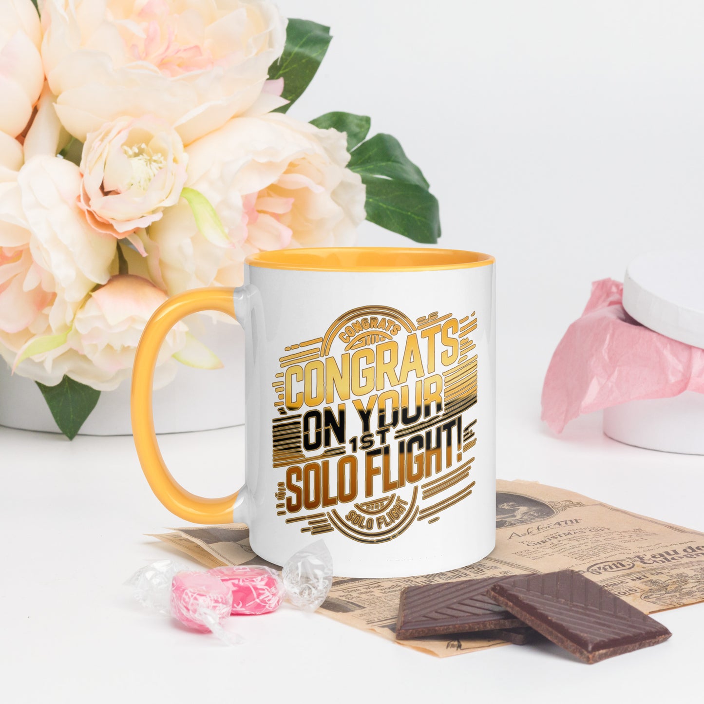 Congrats on your 1st Solo Flight! (v2. gold) 11 oz. mug with color inside