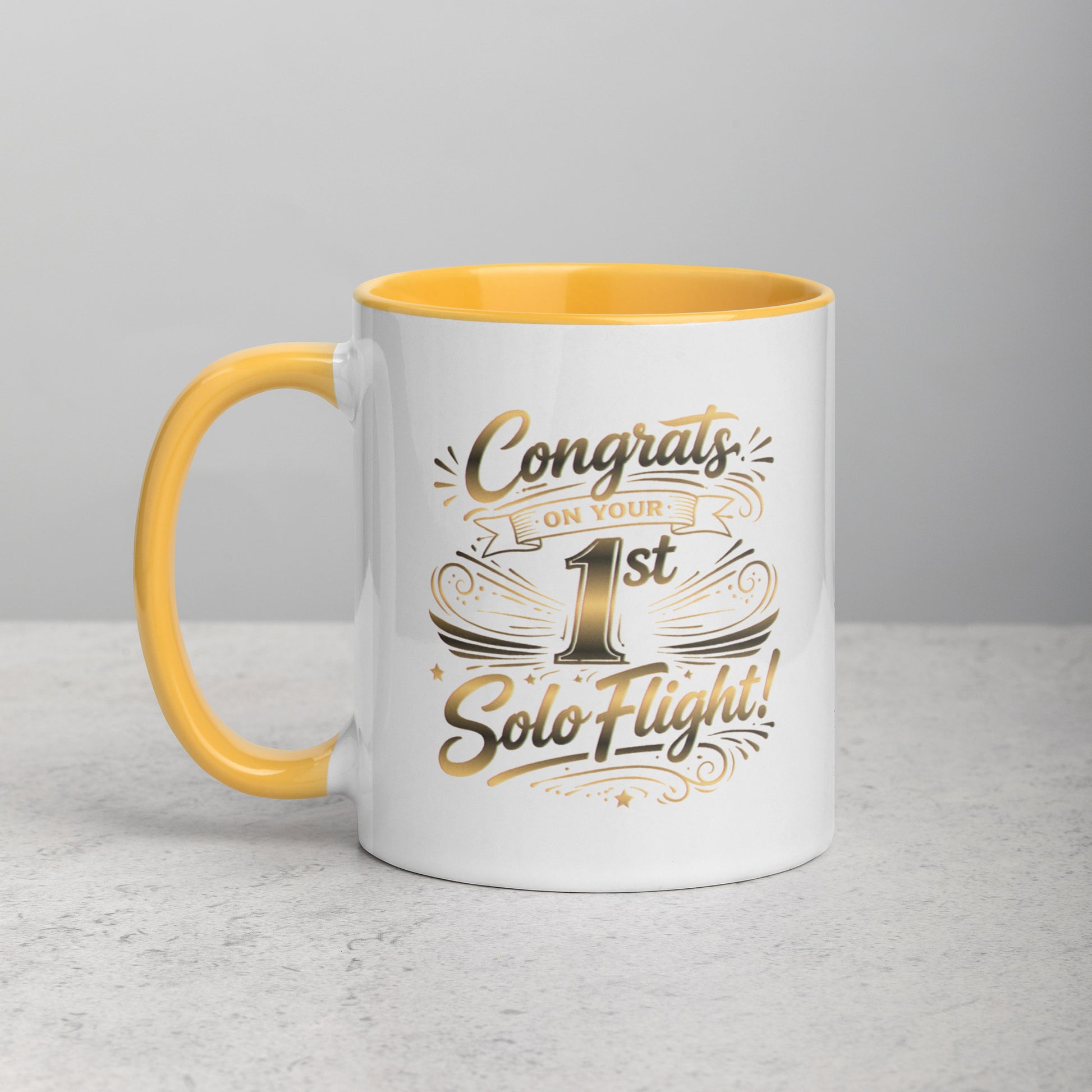 Congrats on your 1st Solo Flight! (v3. gold) 11 oz. mug with color inside