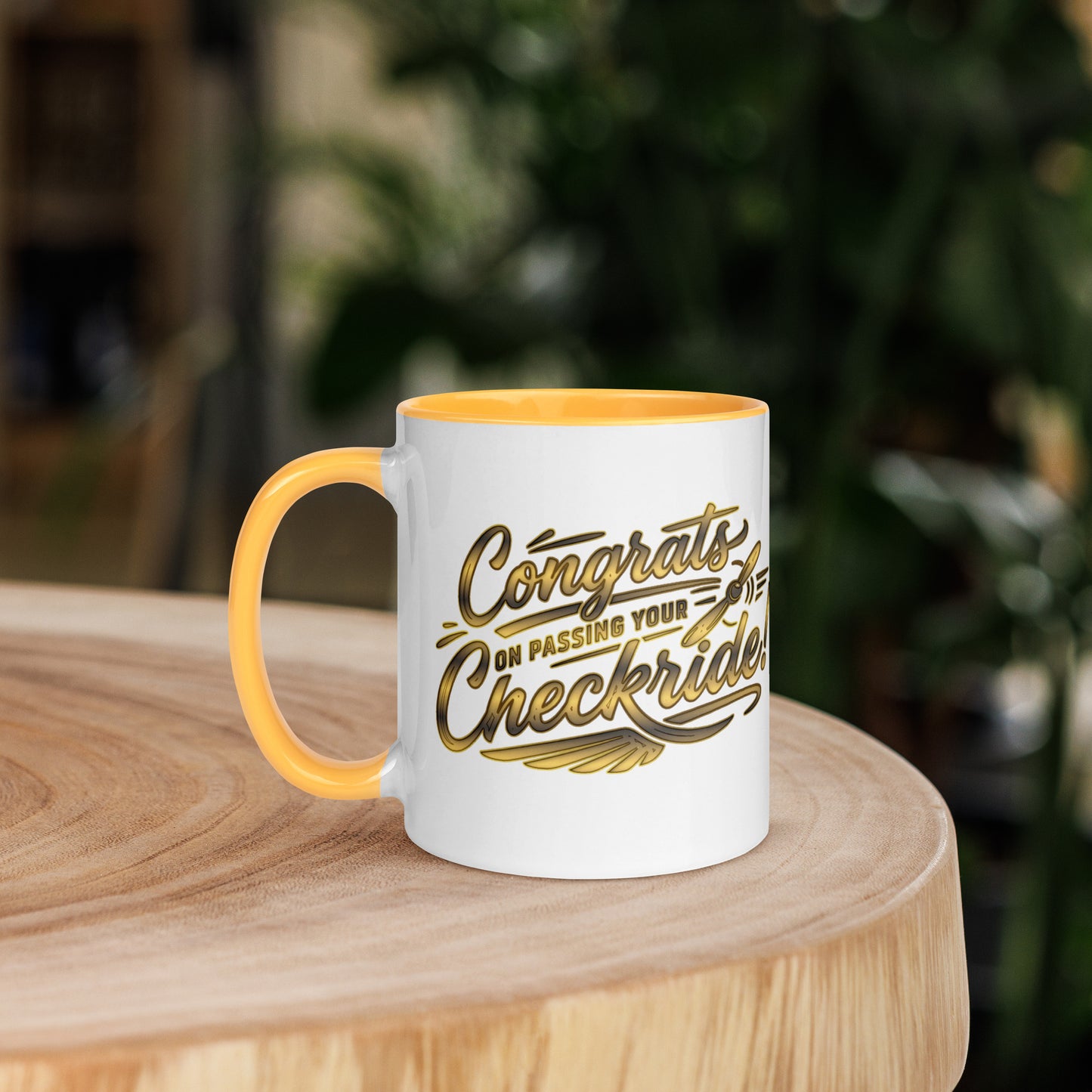 Congrats on passing your checkride! (v4. gold) 11 oz. mug with color inside