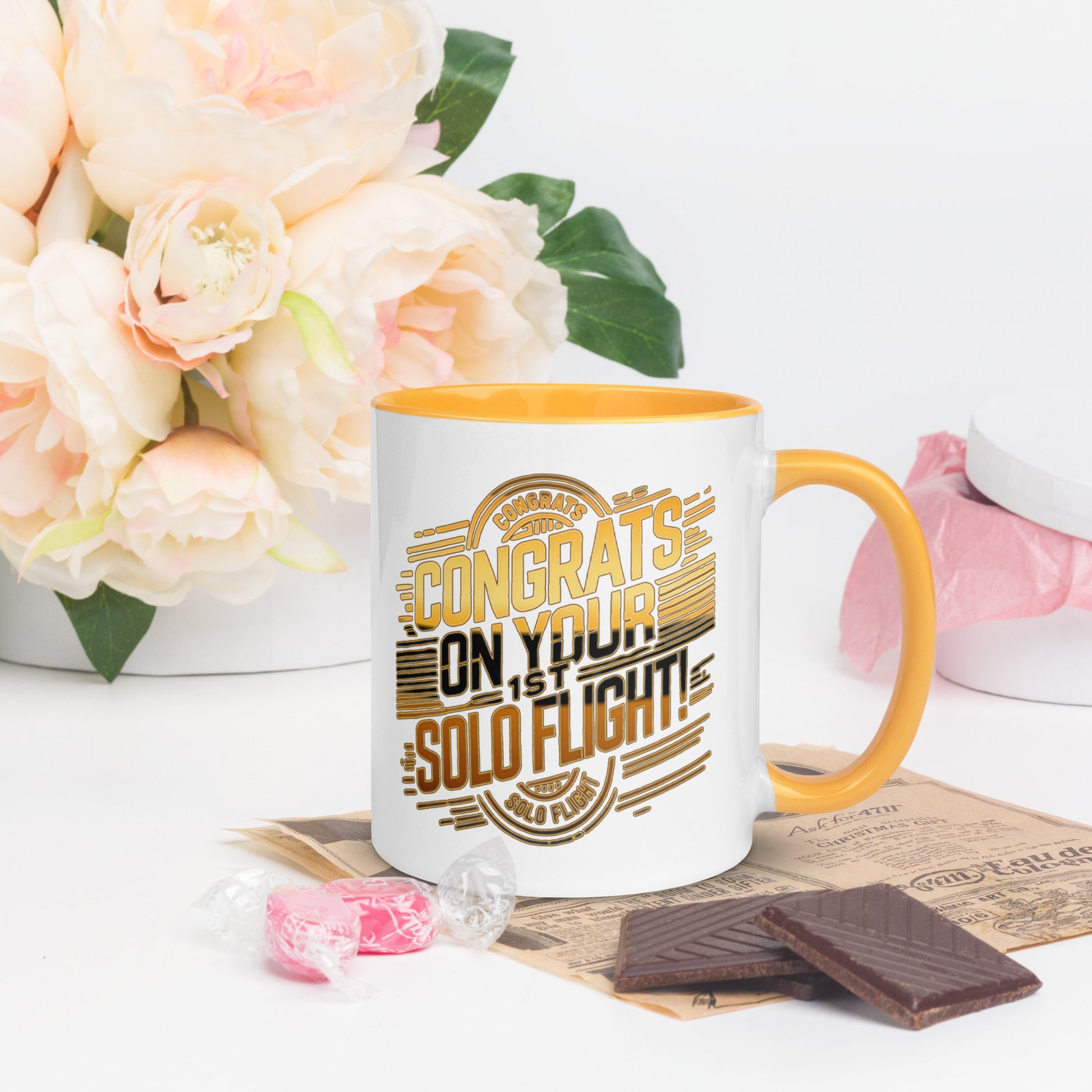 Congrats on your 1st Solo Flight! (v2. gold) 11 oz. mug with color inside
