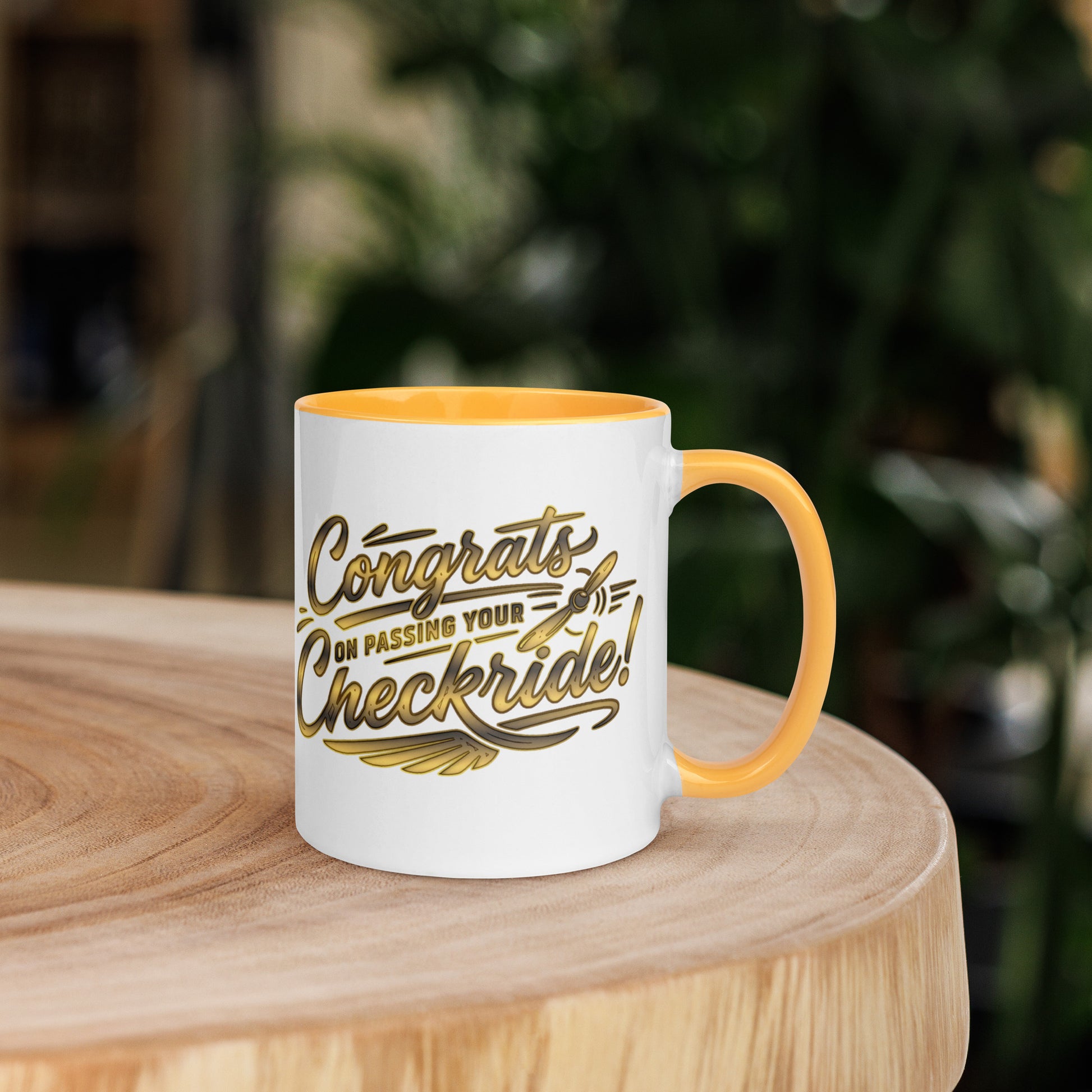 Congrats on passing your checkride! (v4. gold) 11 oz. mug with color inside