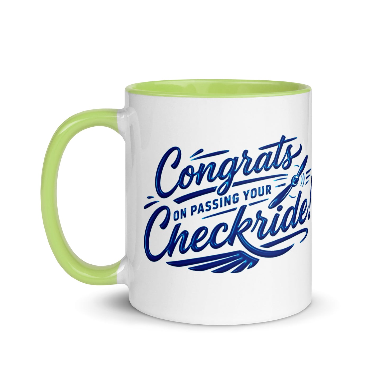 Congrats on passing your checkride! (v4. blue) 11 oz. mug with color inside