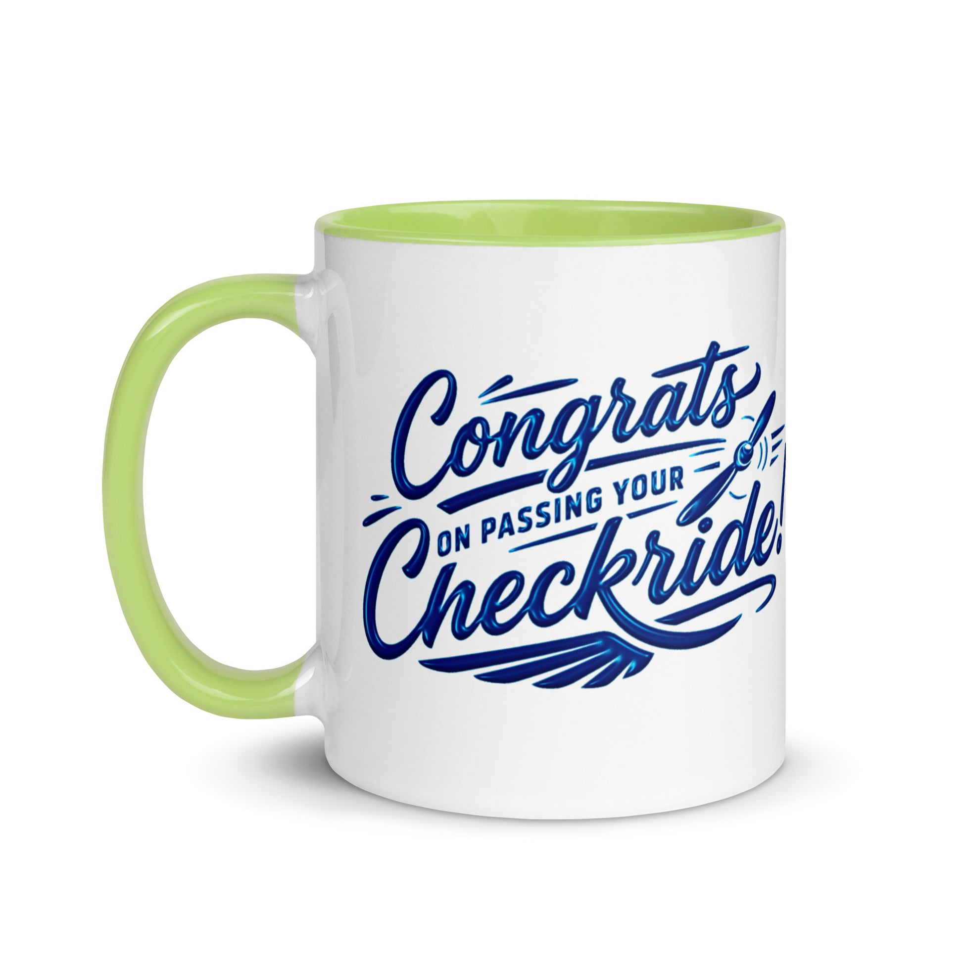 Congrats on passing your checkride! (v4. blue) 11 oz. mug with color inside