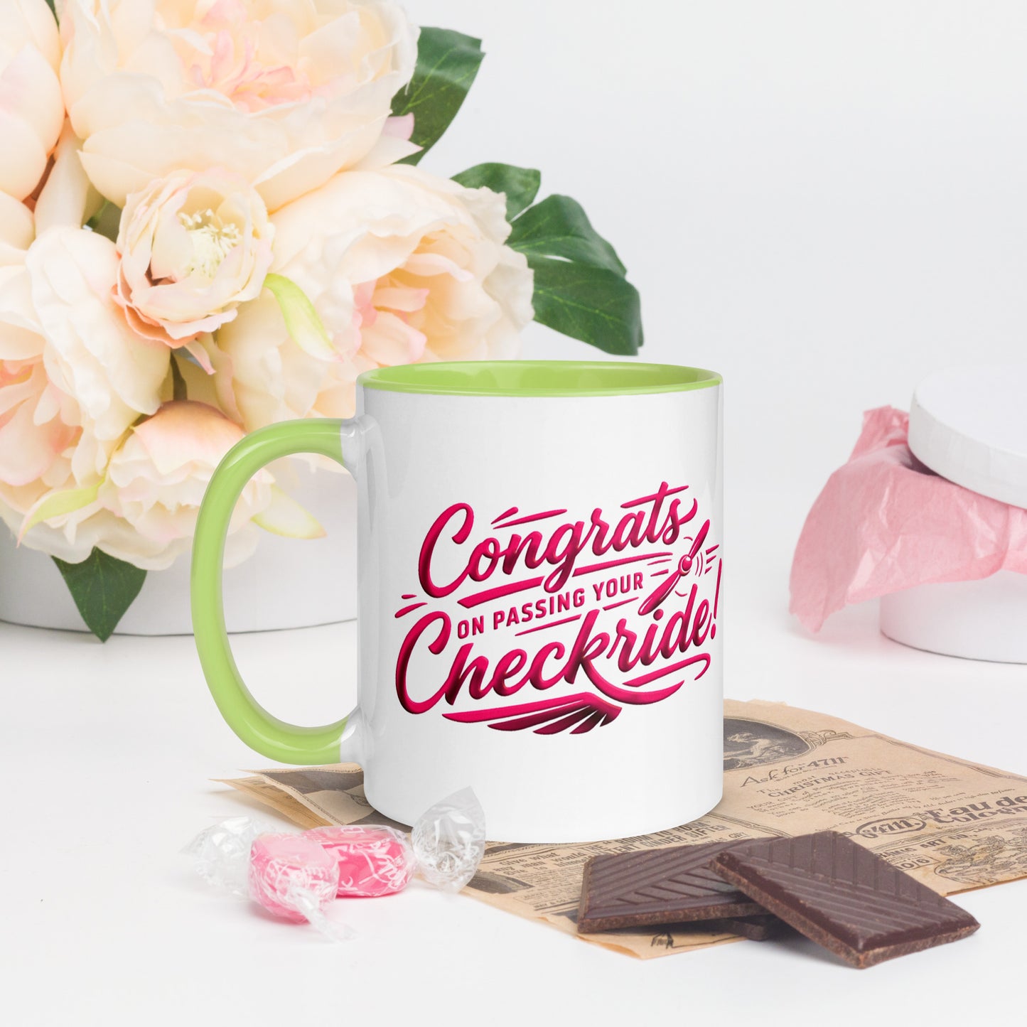 Congrats on passing your checkride! (v4. pink ) 11 oz. mug with color inside