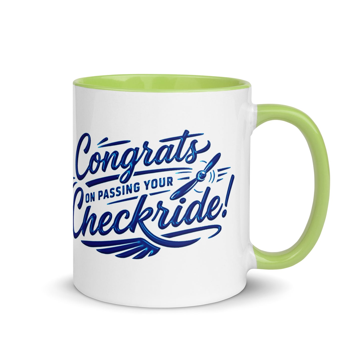 Congrats on passing your checkride! (v4. blue) 11 oz. mug with color inside