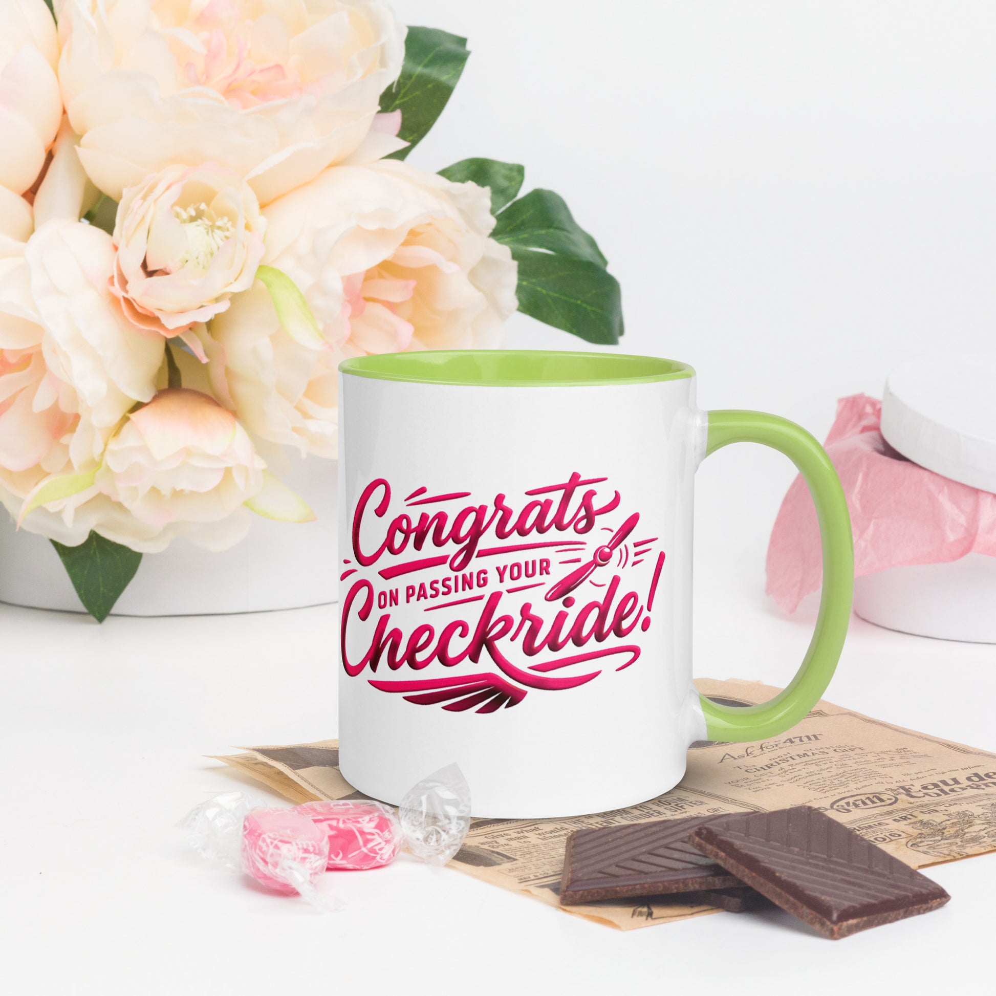 Congrats on passing your checkride! (v4. pink ) 11 oz. mug with color inside